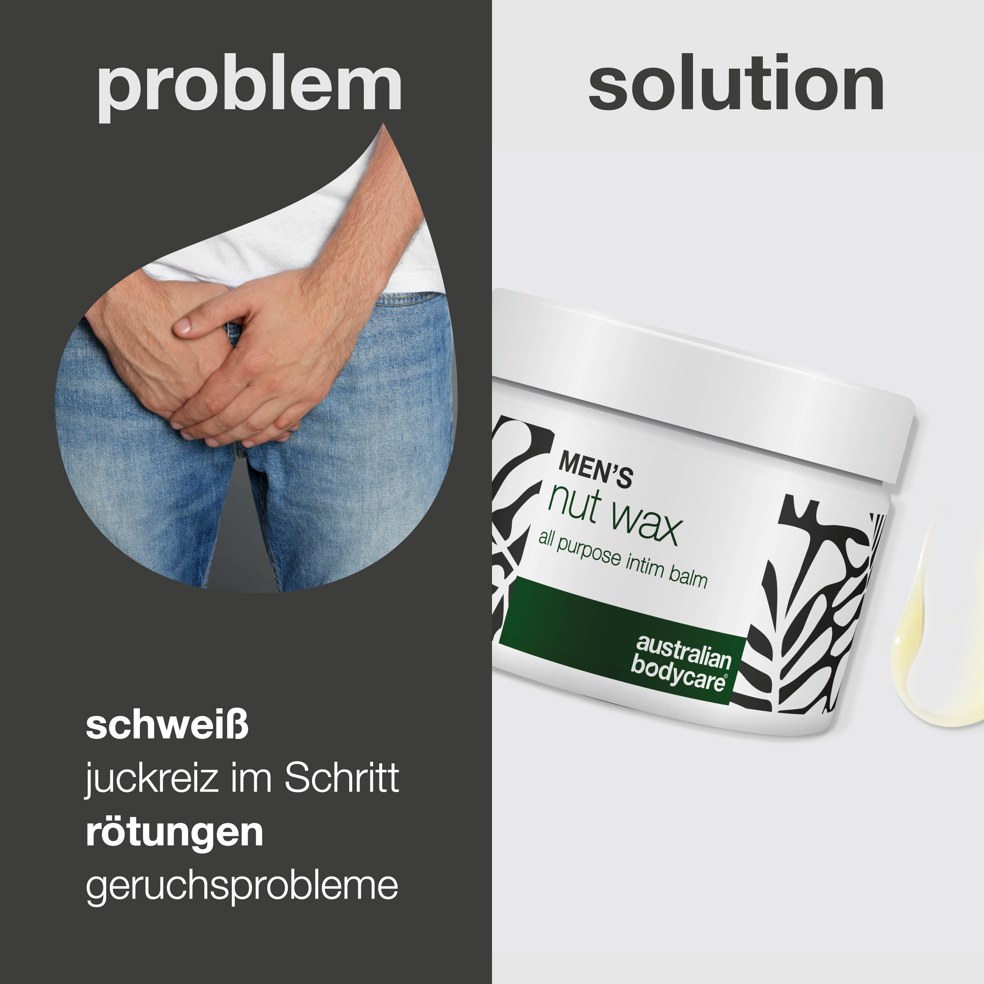 Intimpflege-Balsam für Männer schützt vor Schweiß, Hautreizungen und Juckreiz. Perfekt für empfindliche Haut dank sanfter, pflanzlicher Inhaltsstoffe.