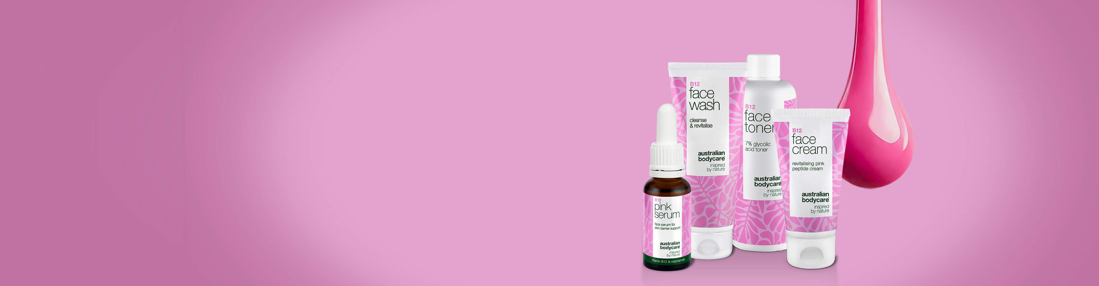 Vitamin-B12-Banner mit 4 der neuen Vitamin-B12-Produkte und der bekannten rosa Farbe