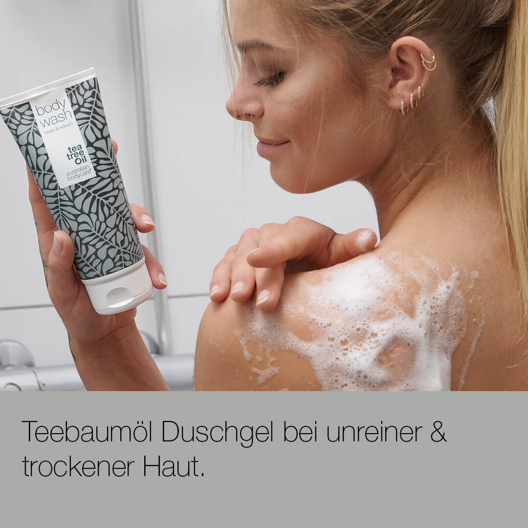 Teebaumöl Duschgel - Bei Unreiner & Trockener Haut, Pickeln, Juckreiz, Körpergeruch, Schweiß