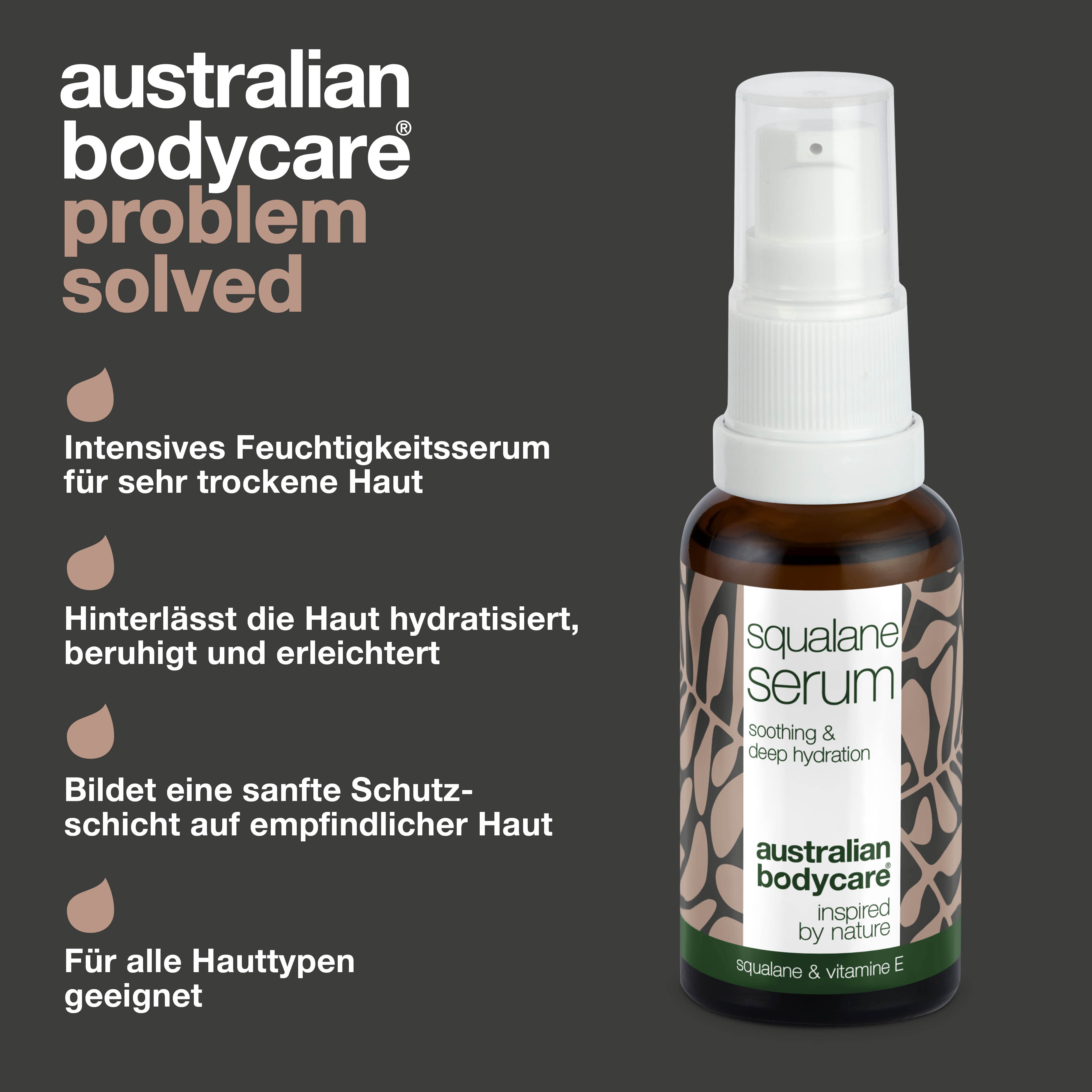 Feuchtigkeitsspendendes Gesichtsserum mit Squalan & Vitamin E — Squalan & Vitamin E spenden trockener Haut Feuchtigkeit. Leichtes, nicht fettendes Serum für weiche, geschmeidige Haut.