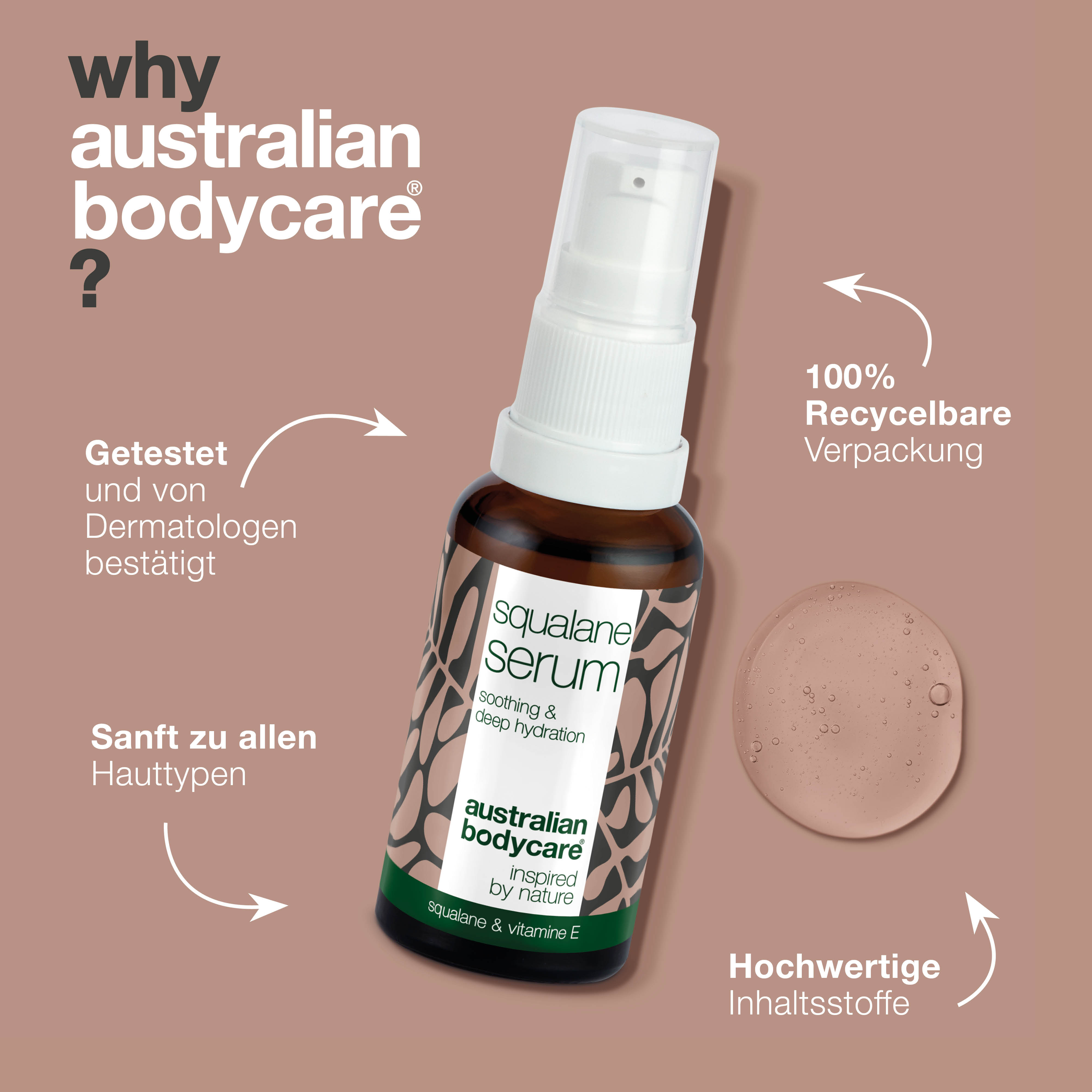 Feuchtigkeitsspendendes Gesichtsserum mit Squalan & Vitamin E — Squalan & Vitamin E spenden trockener Haut Feuchtigkeit. Leichtes, nicht fettendes Serum für weiche, geschmeidige Haut.