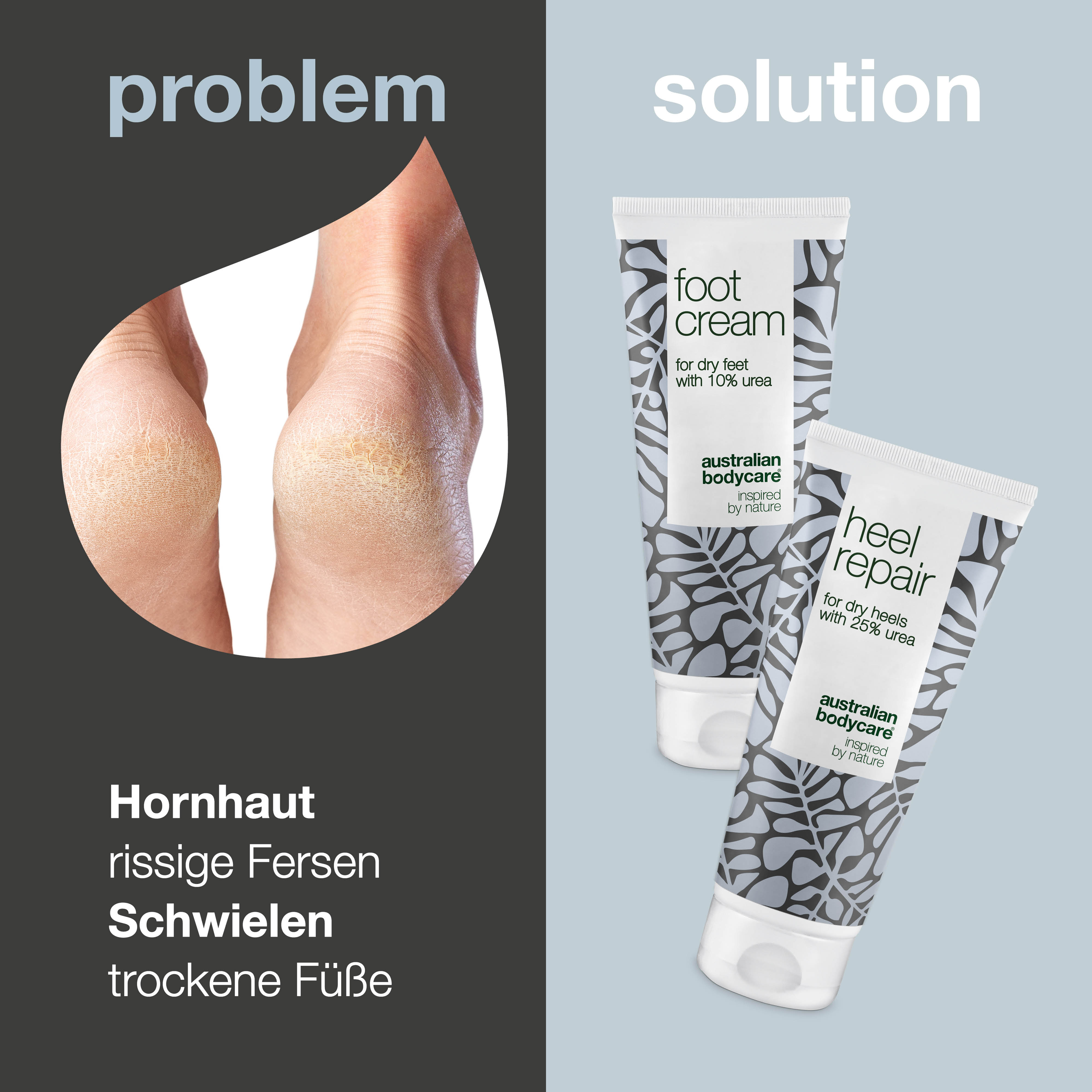 Paket für Hornhaut an den Füßen & Fersen — Fußcreme und Fersencreme mit Urea und Teebaumöl für trockene Füße und rissige Fersen