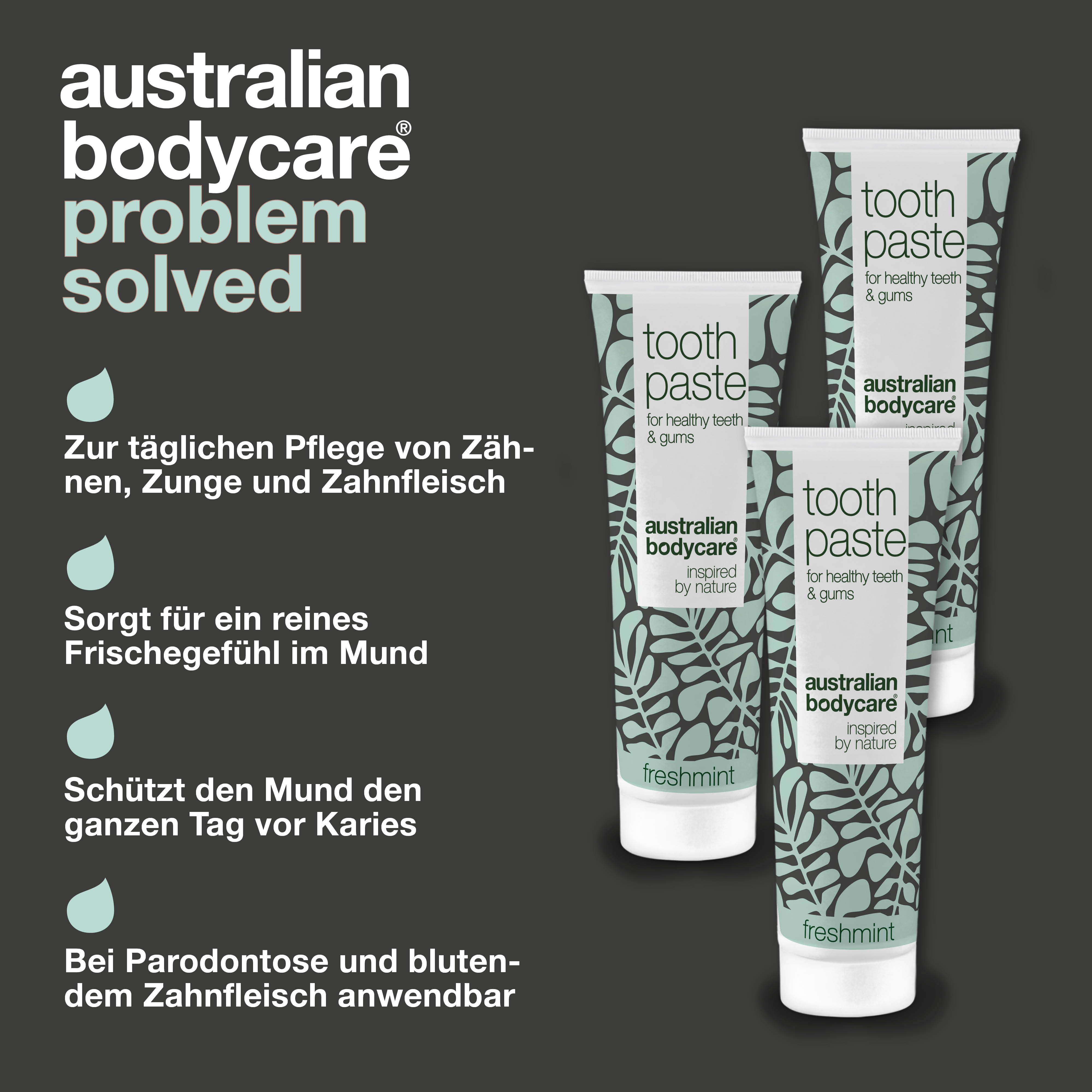 3 x Teebaumöl Zahnpasta mit frischer Minze — Zur täglichen Pflege bei Pilz im Mund und auf der Zunge oder Zahnfleischentzündungen