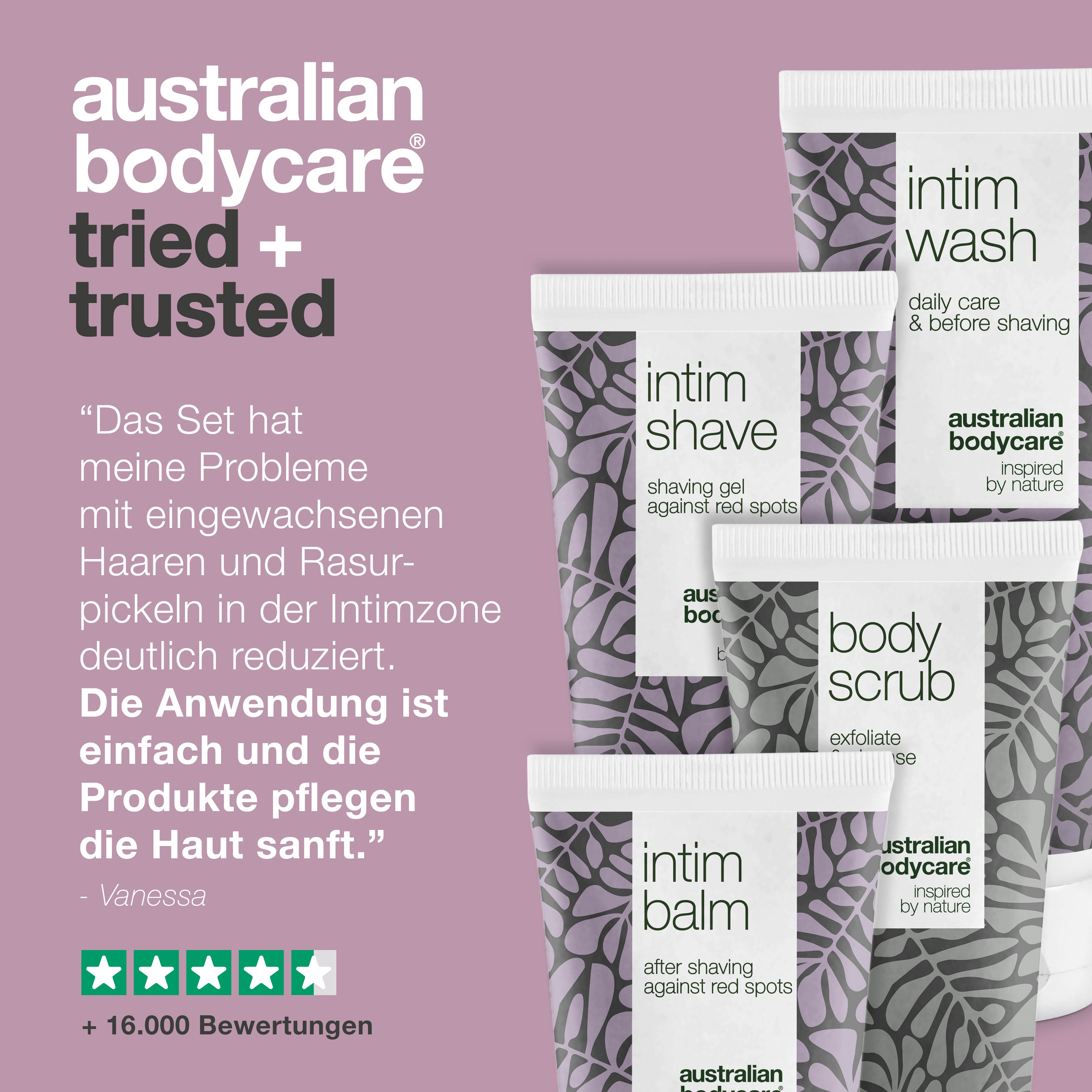 4-er Paket für Intimrasur gegen rote Pickel und eingewachsene Haare  — 4 Produkte gegen Rasierpickel und Rasurbrand im Intimbereich