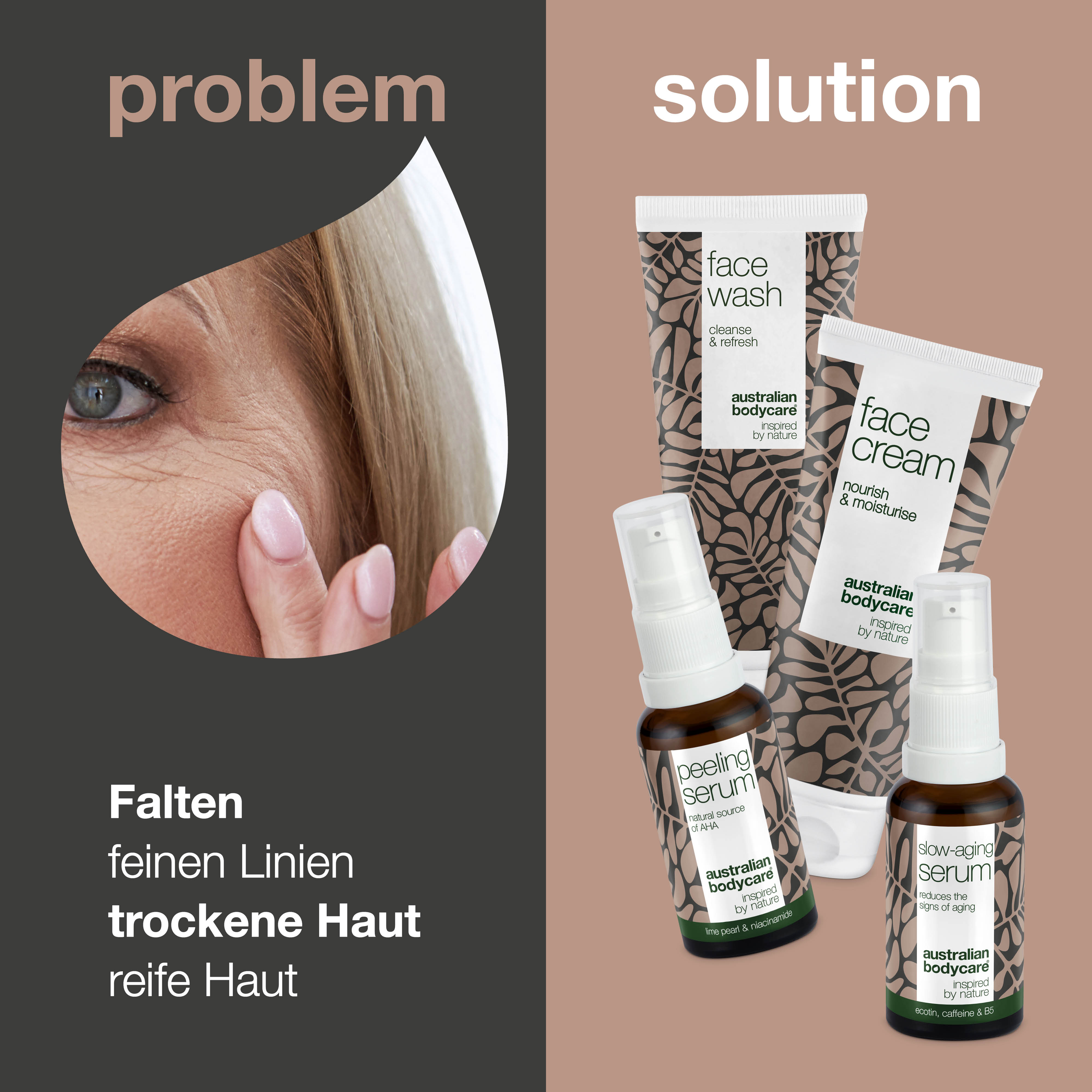 4er Paket mit Anti-Age Produkten für reife Haut (50+) — Anti-Age Serum, Peeling Serum, Reinigung und Gesichtscreme gegen Falten