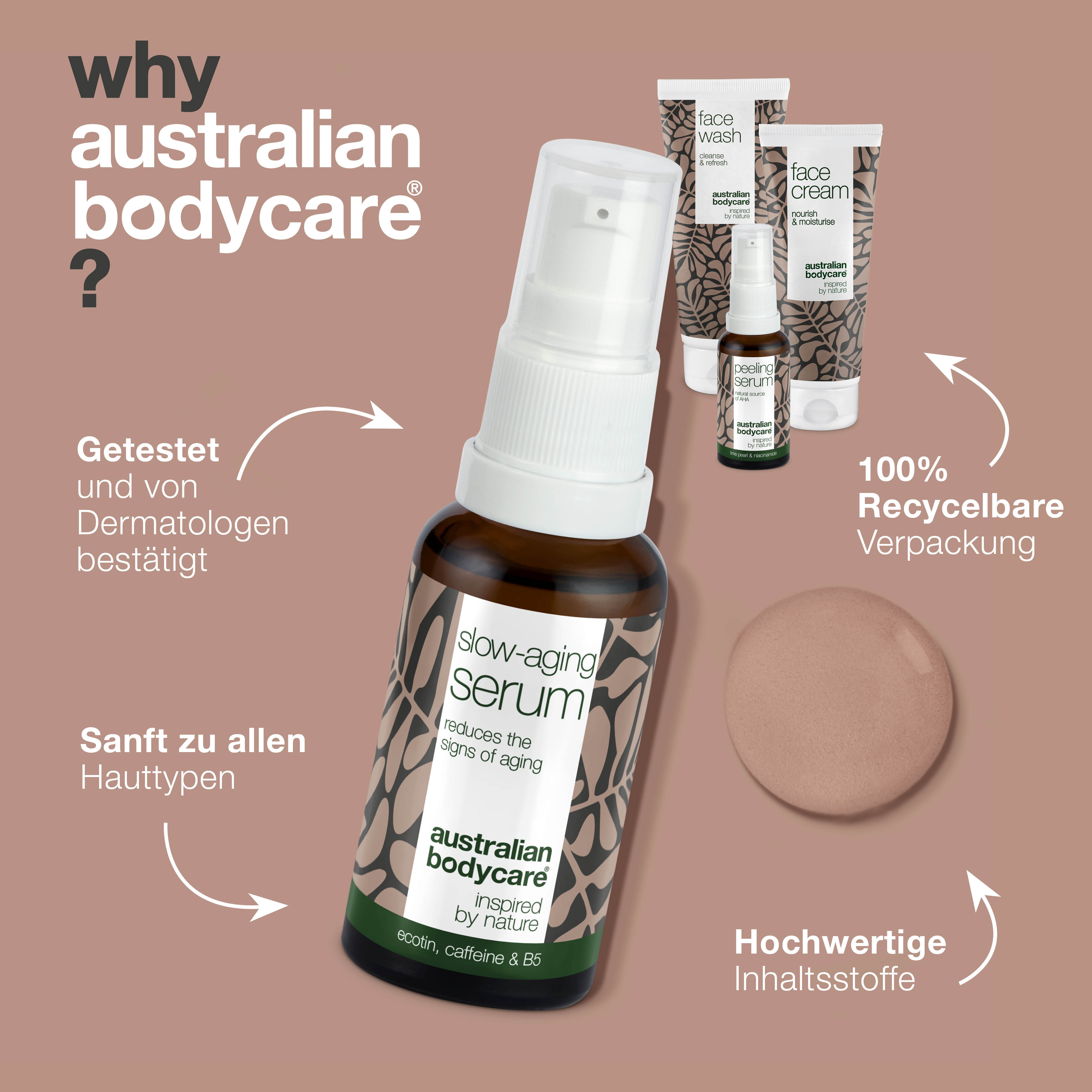 4er Paket mit Anti-Age Produkten für reife Haut (50+) — Anti-Age Serum, Peeling Serum, Reinigung und Gesichtscreme gegen Falten
