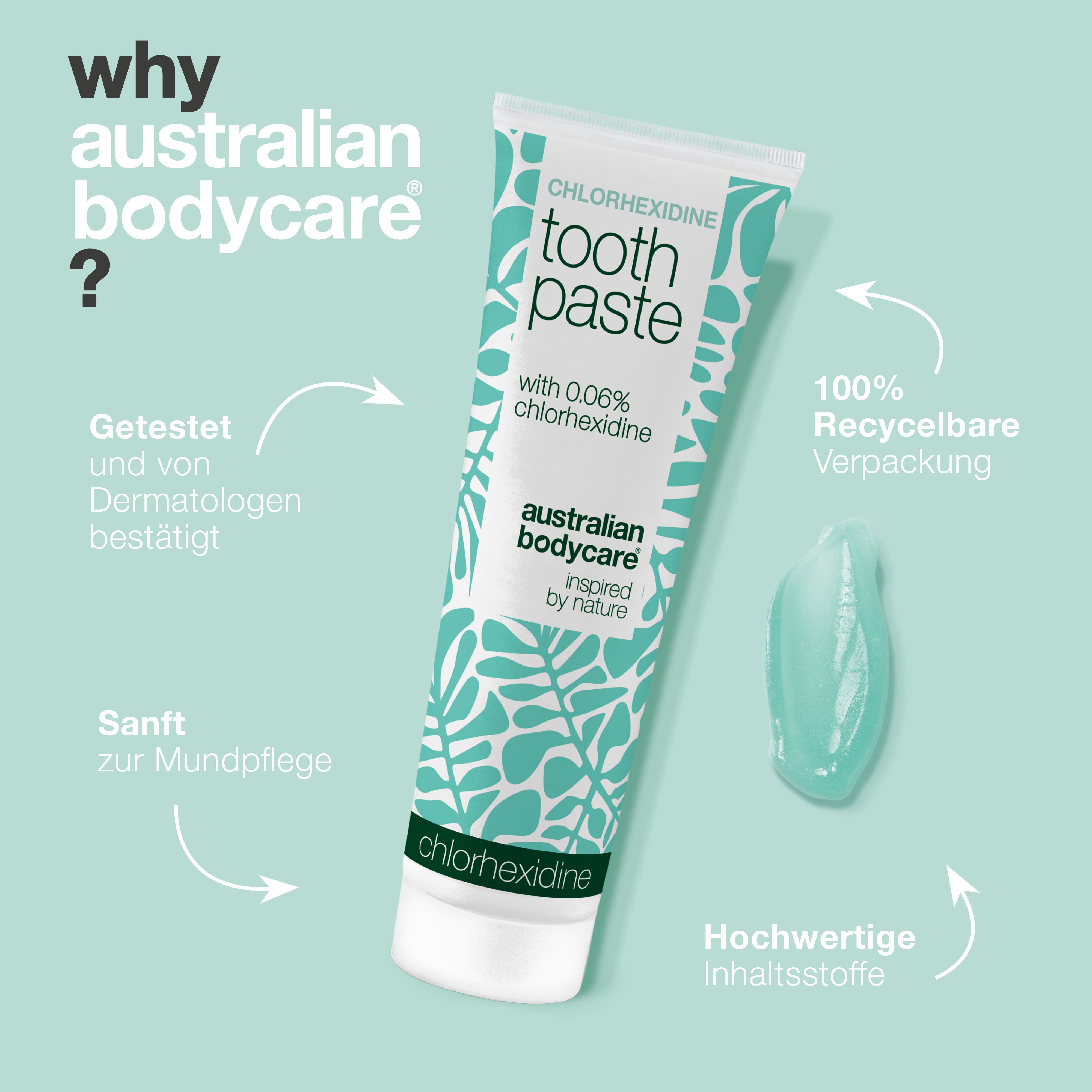 Australian Bodycare Chlorhexidin-Zahnpasta dargestellt als dermatologisch getestet und freigegeben, sanft zur Mundpflege, in zu 100 % recycelbarer Verpackung und mit hochwertigen Inhaltsstoffen.