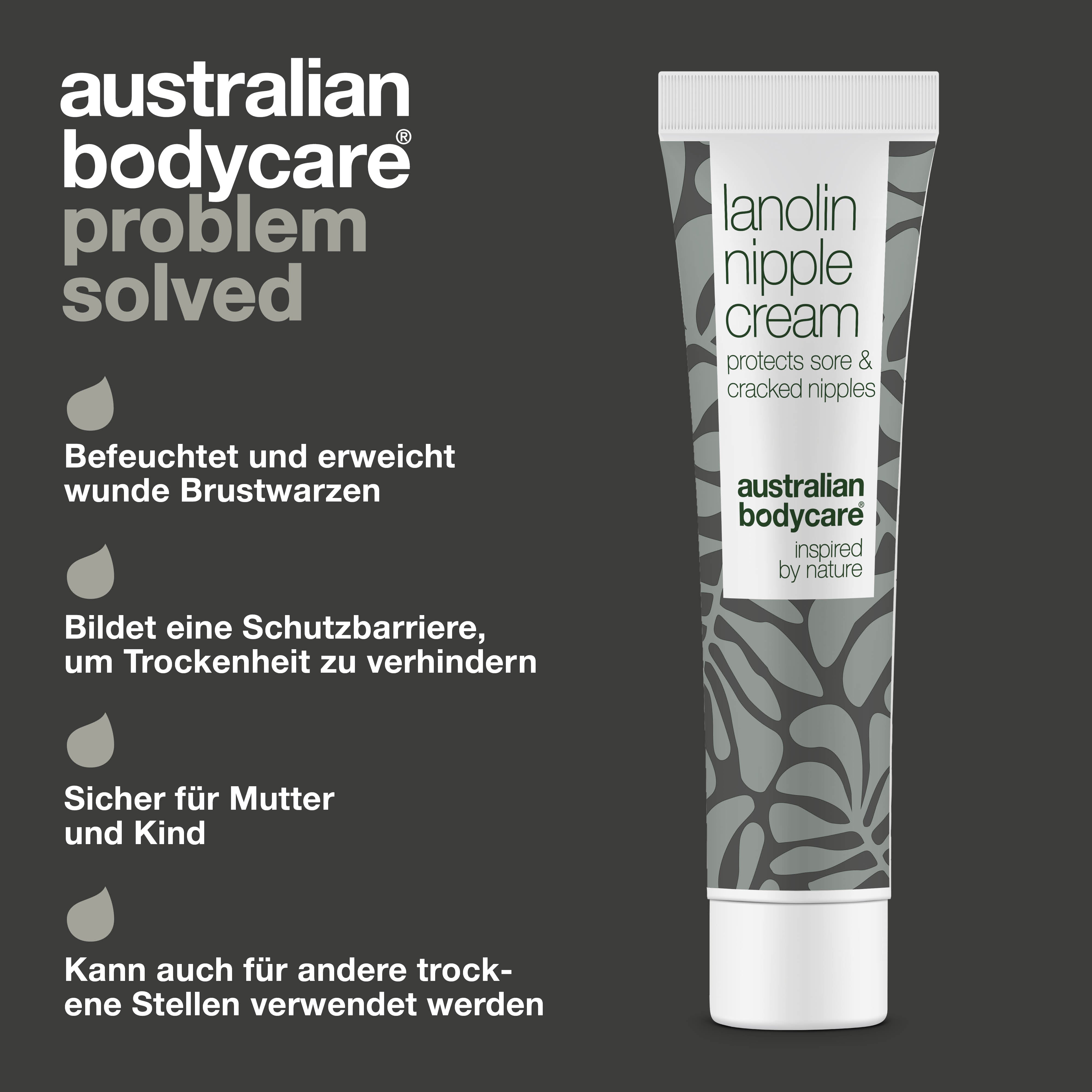 Lanolin-Nippelcreme für trockene und sensible Haut — Schützen und pflegen Sie empfindliche Brustwarzen mit Lanolincreme. Macht die Haut weich und hydratisiert.