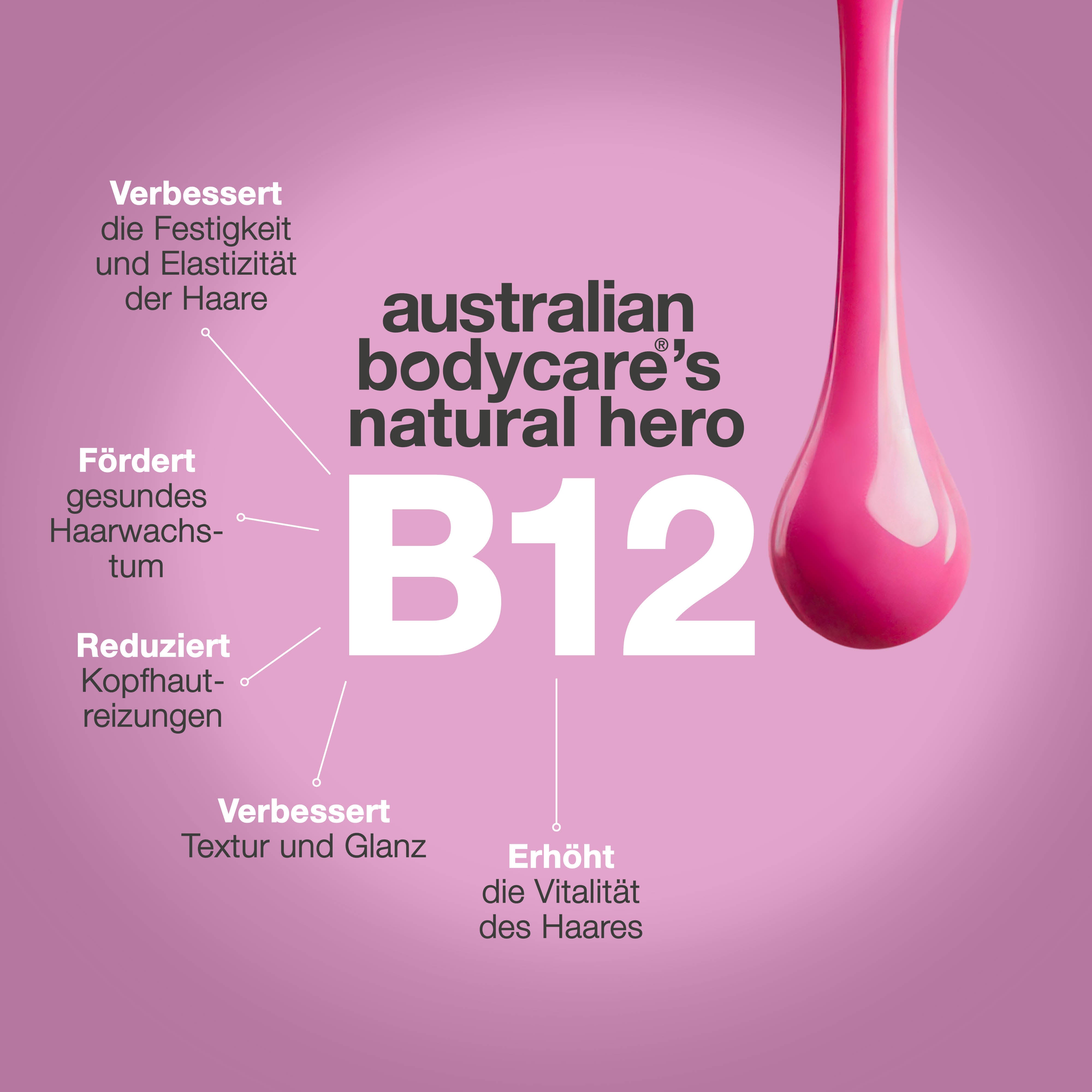 Vitamin B12 von Australian Bodycare verbessert Haarkraft und Elastizität, fördert gesundes Haarwachstum und verleiht Glanz