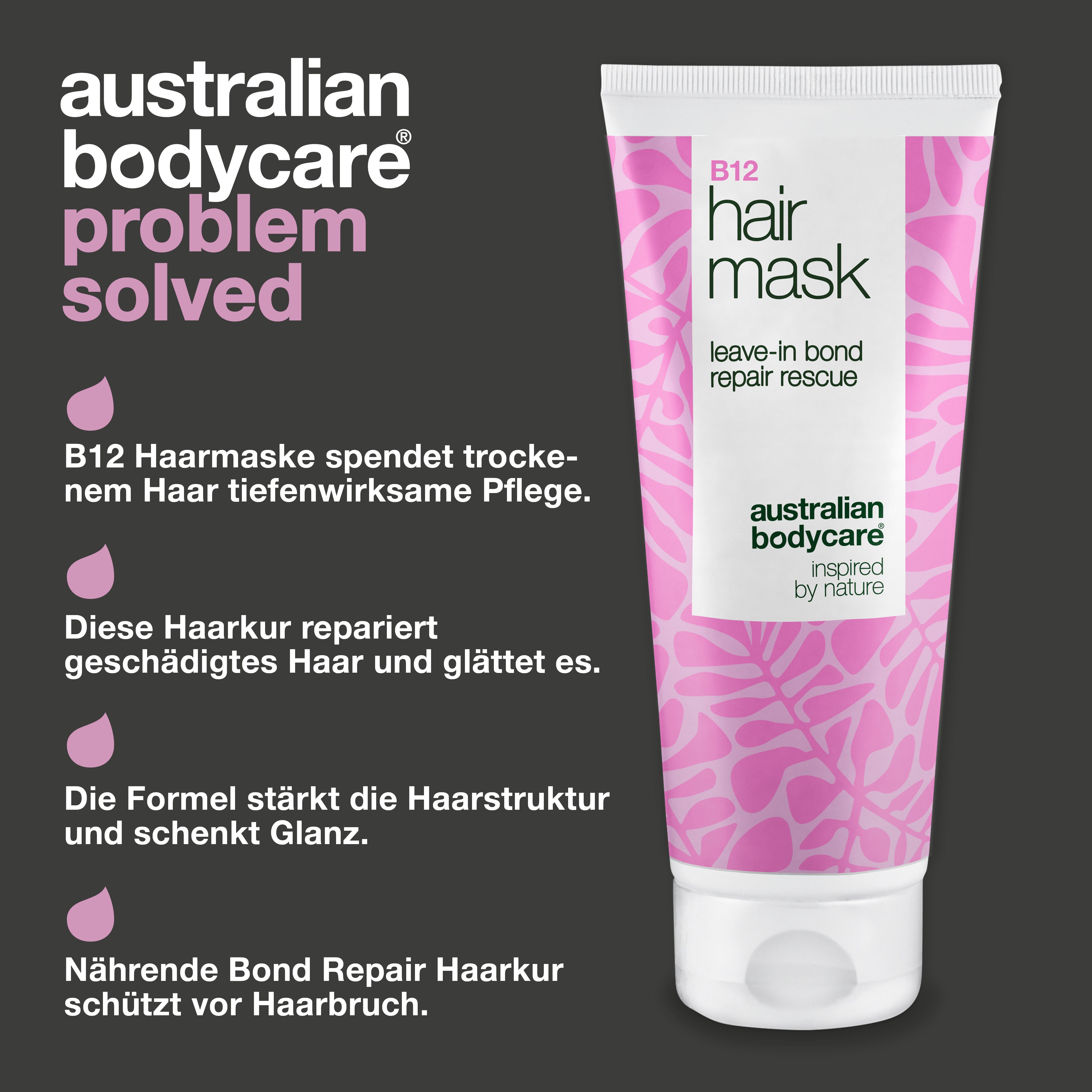 B12 Haarmaske spendet intensive Feuchtigkeit, baut geschädigtes Haar auf, reduziert Frizz und mindert Haarbruch