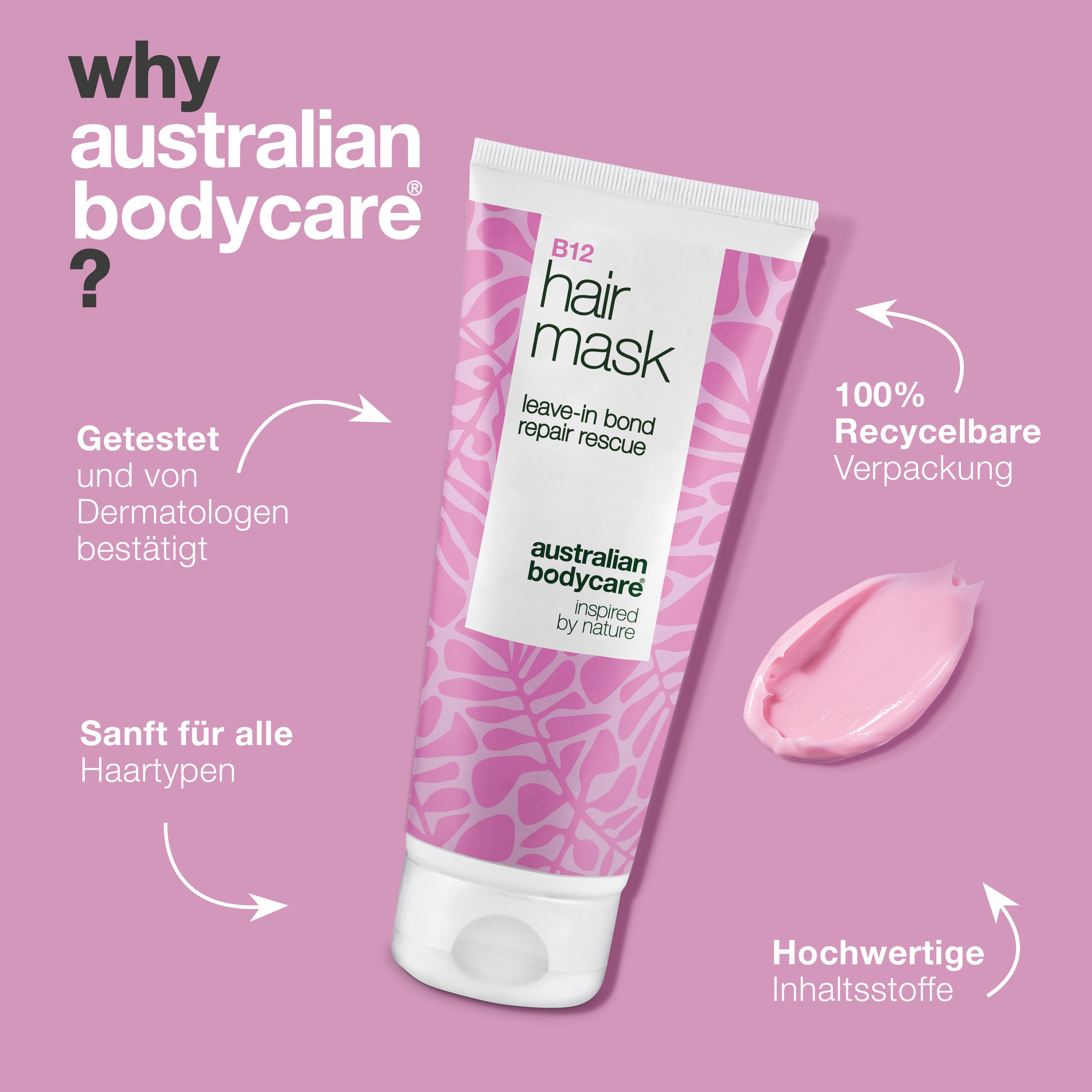 B12 Haarmaske ist dermatologisch getestet, sanft für alle Haartypen und hat eine 100 % recycelbare Verpackung