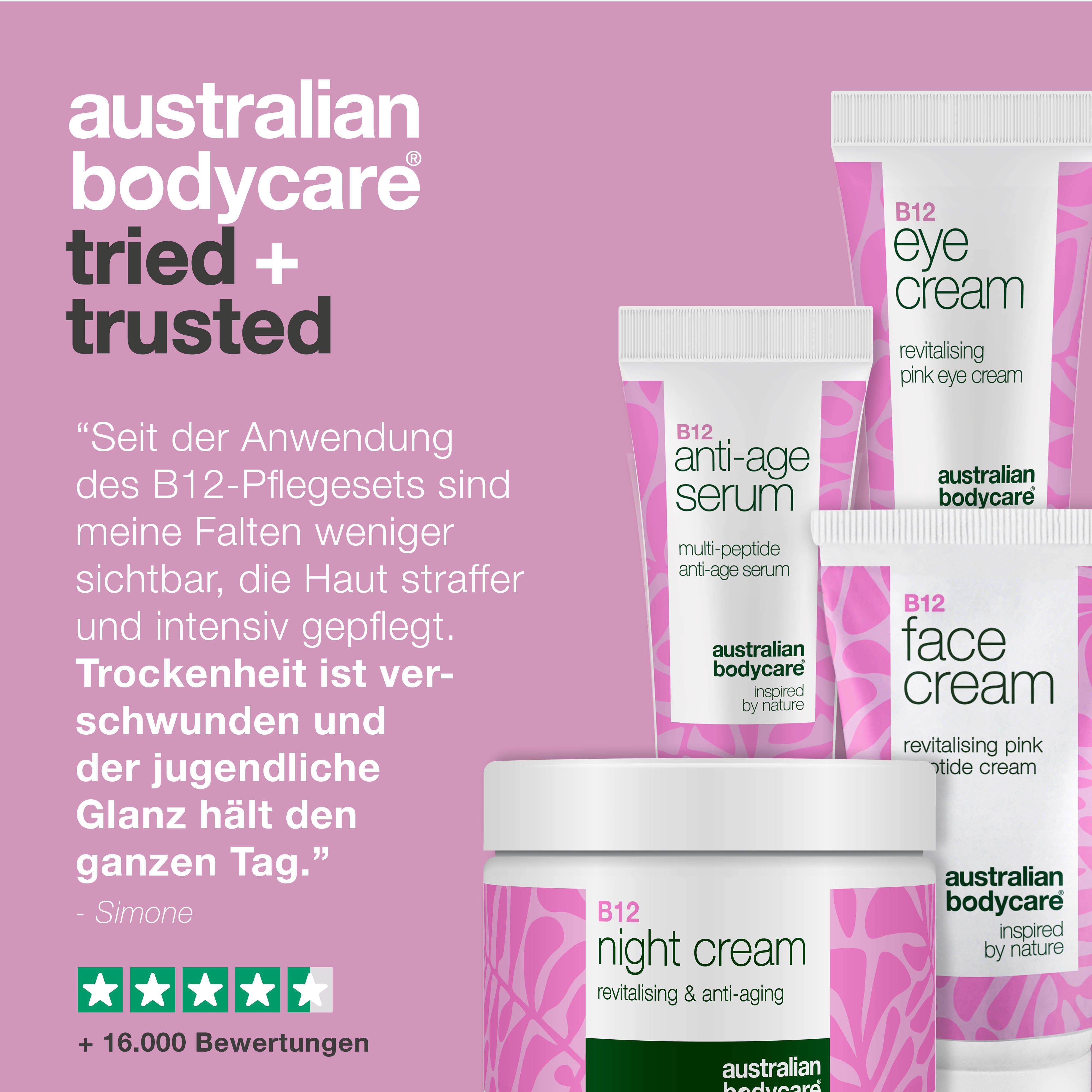 B12-Pflegeset – Reduzieren Sie Falten, für mehr Ausstrahlung — 4 Produkte mit B12 für Anti-Aging-Effekt. Für jugendliche, feste Haut.