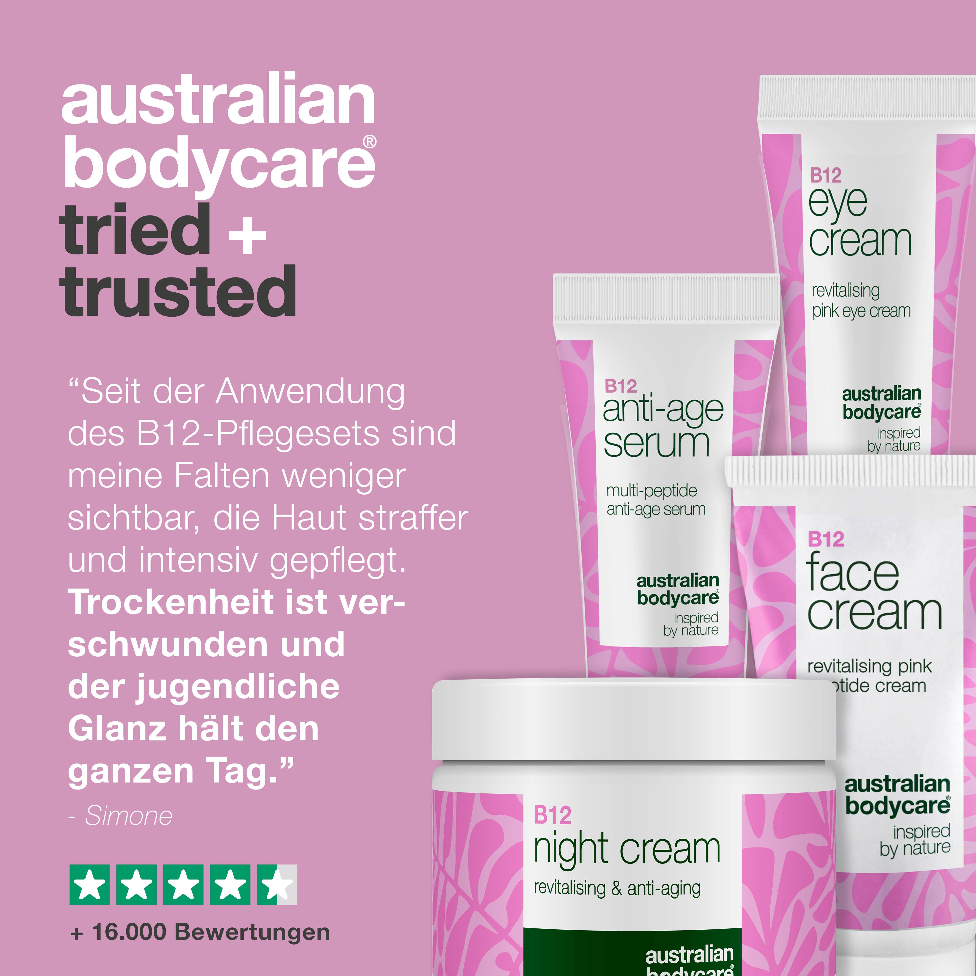 B12-Pflegeset – Reduzieren Sie Falten, für mehr Ausstrahlung — 4 Produkte mit B12 für Anti-Aging-Effekt. Für jugendliche, feste Haut.