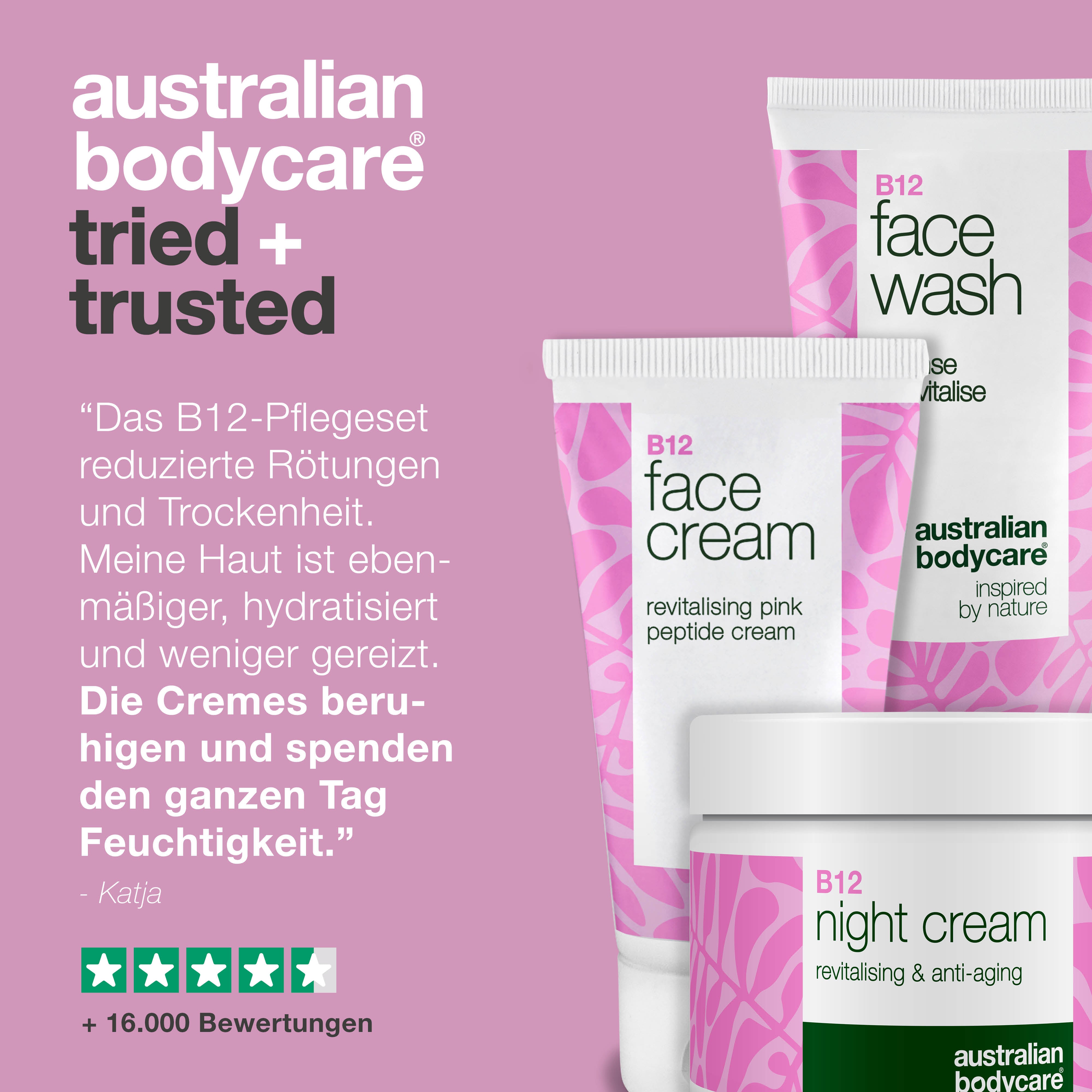 B12 Hautpflegeset gegen Rötungen – Reiniger und Cremes — B12 Pflege gegen Rötungen und Rosazea. Mit Gesichtsreiniger, Tages- und Nachtcreme, die beruhigen und hydratisieren.