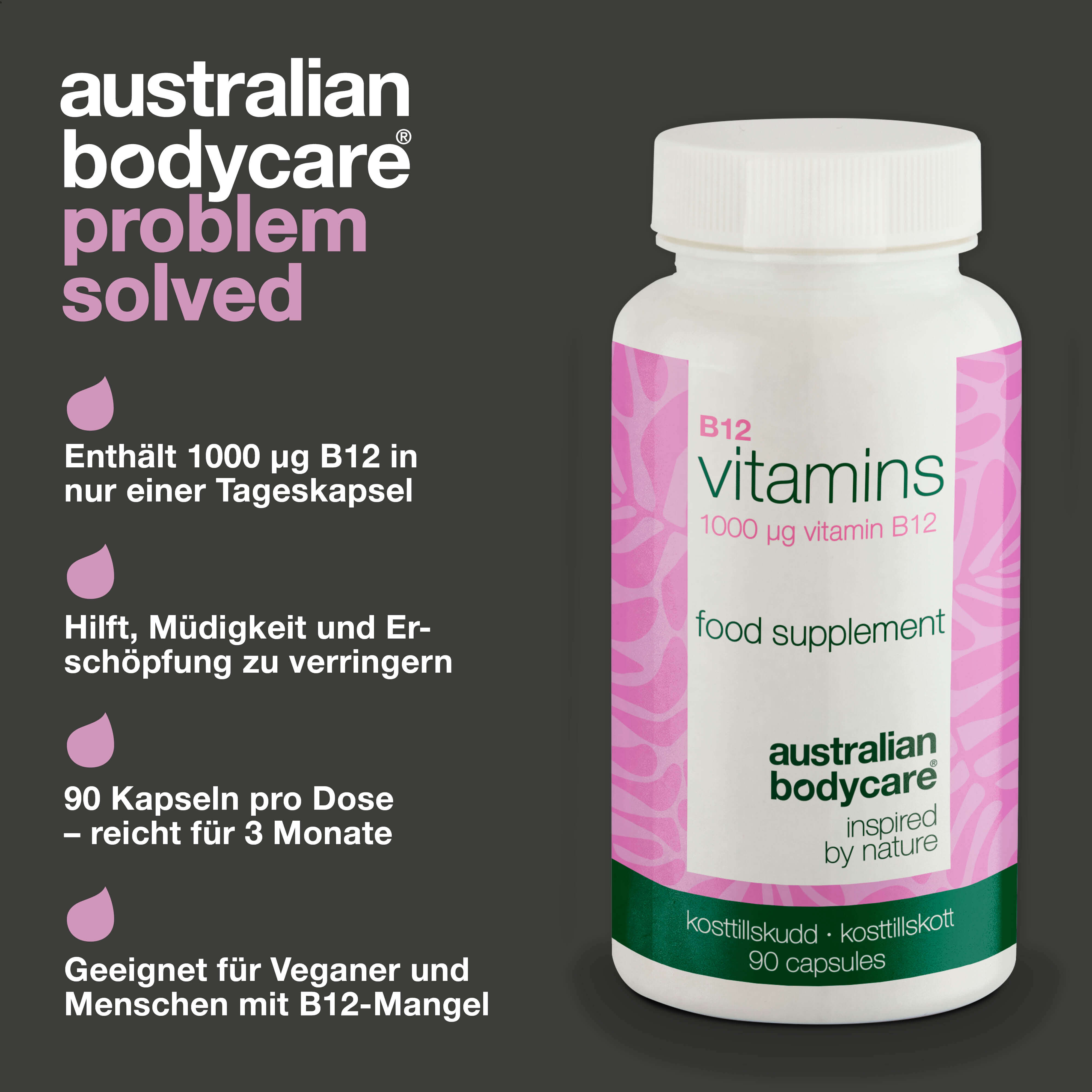 Vitamin B12 Ergänzung – 90 vegane Kapseln, 1000 µg — Hochdosiertes Vitamin B12 – 90 vegane Kapseln für 90 Tage. Tägliche Unterstützung für Energie und eine pflanzliche Ernährung.