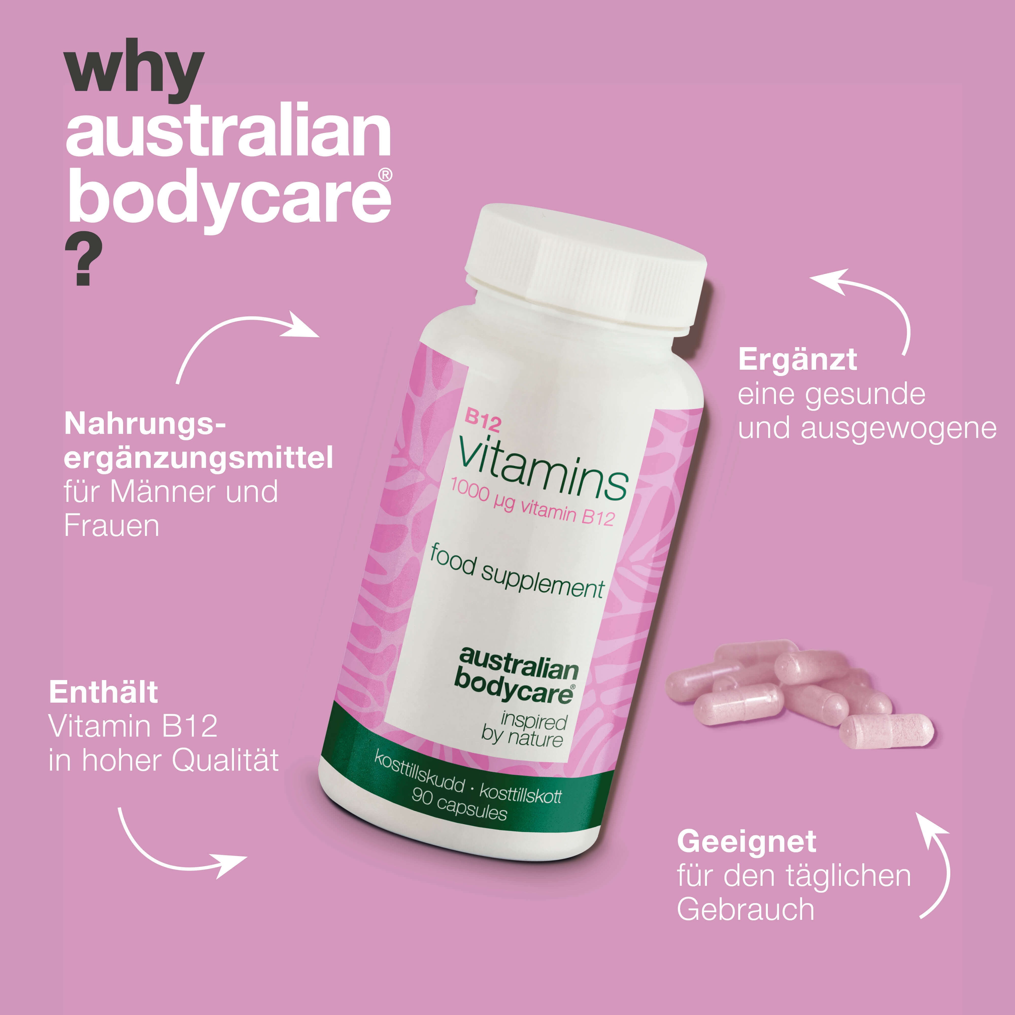 Vitamin B12 Ergänzung – 90 vegane Kapseln, 1000 µg — Hochdosiertes Vitamin B12 – 90 vegane Kapseln für 90 Tage. Tägliche Unterstützung für Energie und eine pflanzliche Ernährung.