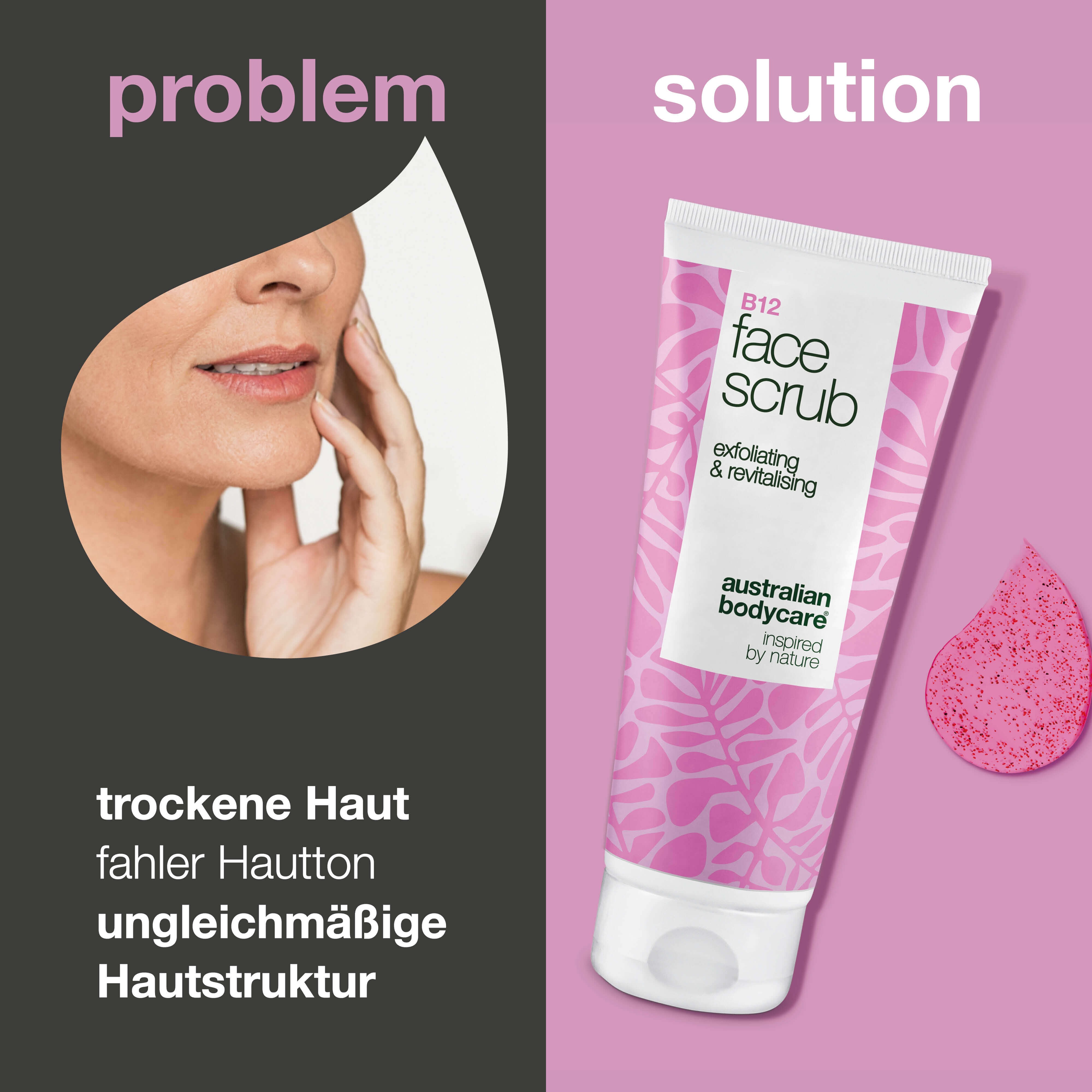 Gesichtspeeling zur Reinigung und Erneuerung fahler Haut. Mit Vitamin B12, Glykolsäure und Aprikosenkernpulver für ein glattes und frisches Hautbild.