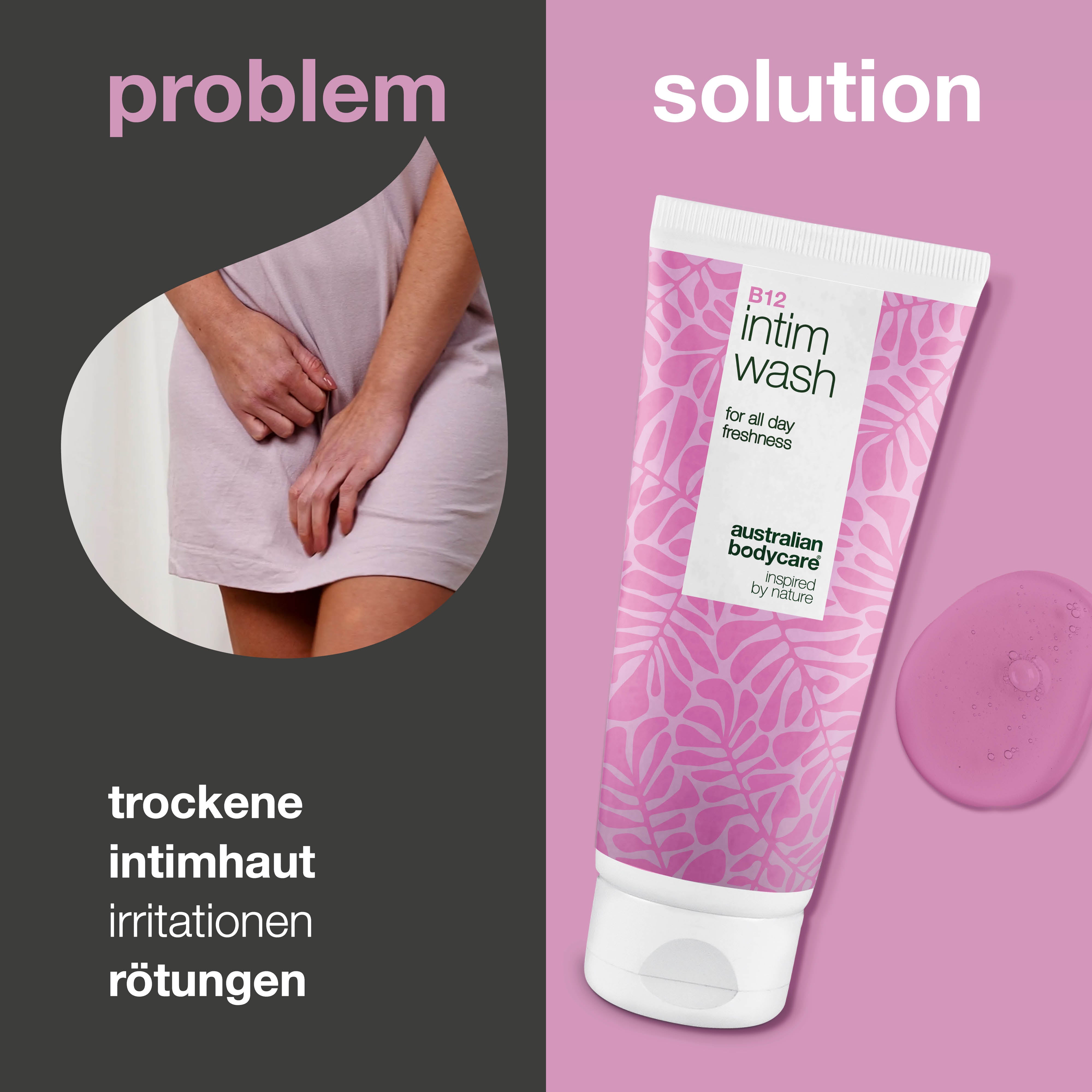 Intimwaschlotion bei Trockenheit, Reizung und Spannungsgefühl. Mit Vitamin B12, feuchtigkeitsspendendem Glycerin und pflanzlichen Reinigungsstoffen.