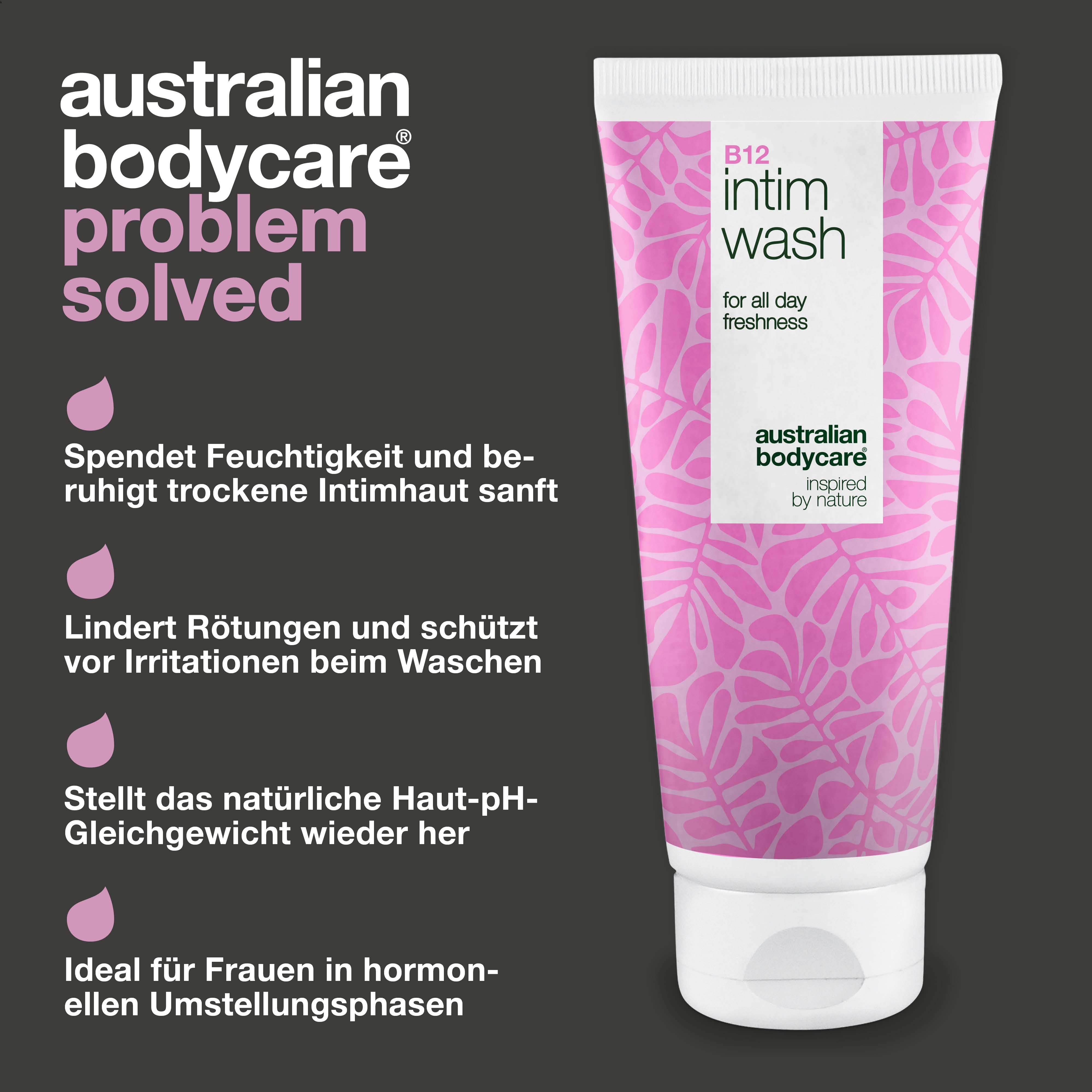 Intimwaschlotion bei Trockenheit, Reizung und Spannungsgefühl. Mit Vitamin B12, feuchtigkeitsspendendem Glycerin und pflanzlichen Reinigungsstoffen.
