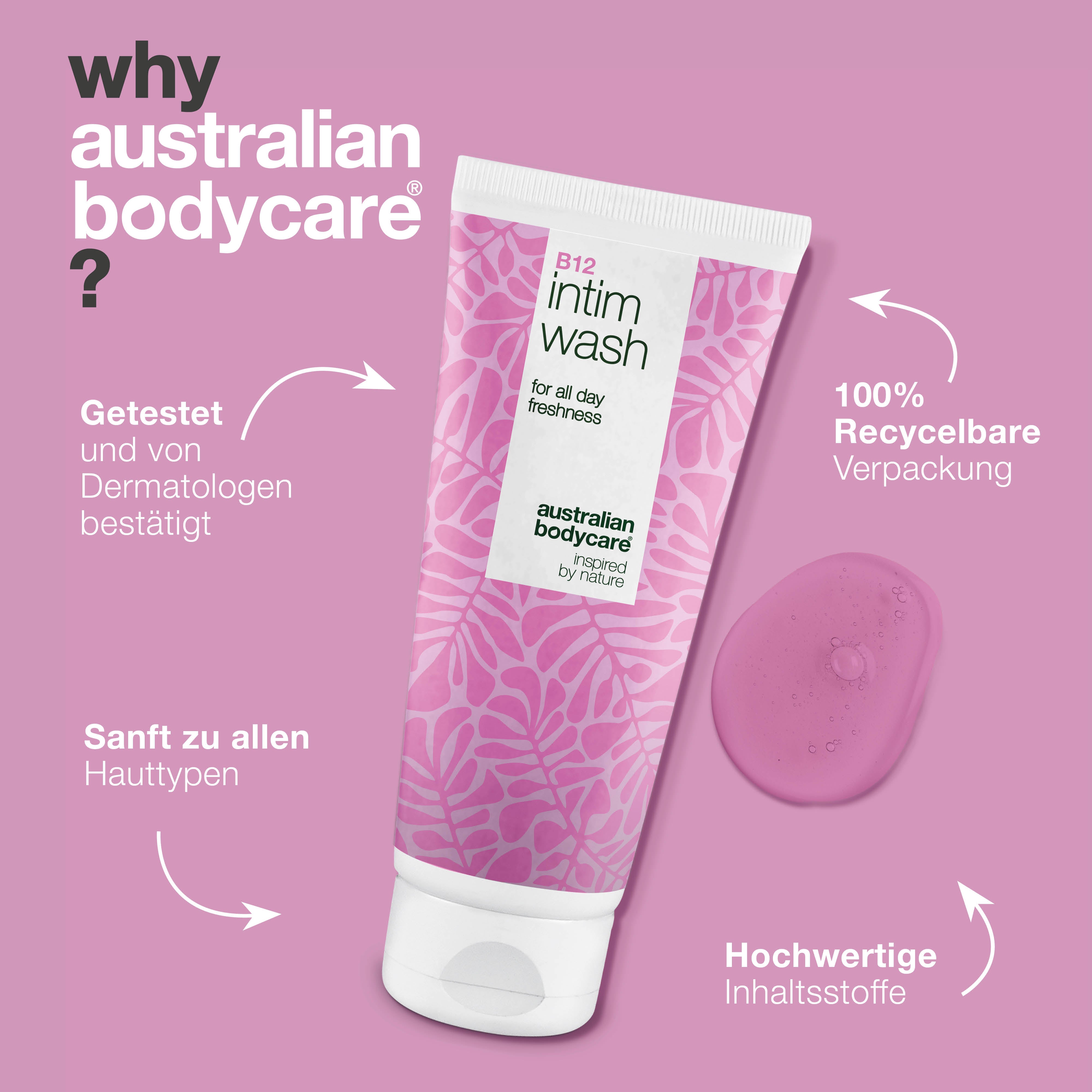 Intimwaschlotion bei Trockenheit, Reizung und Spannungsgefühl. Mit Vitamin B12, feuchtigkeitsspendendem Glycerin und pflanzlichen Reinigungsstoffen.