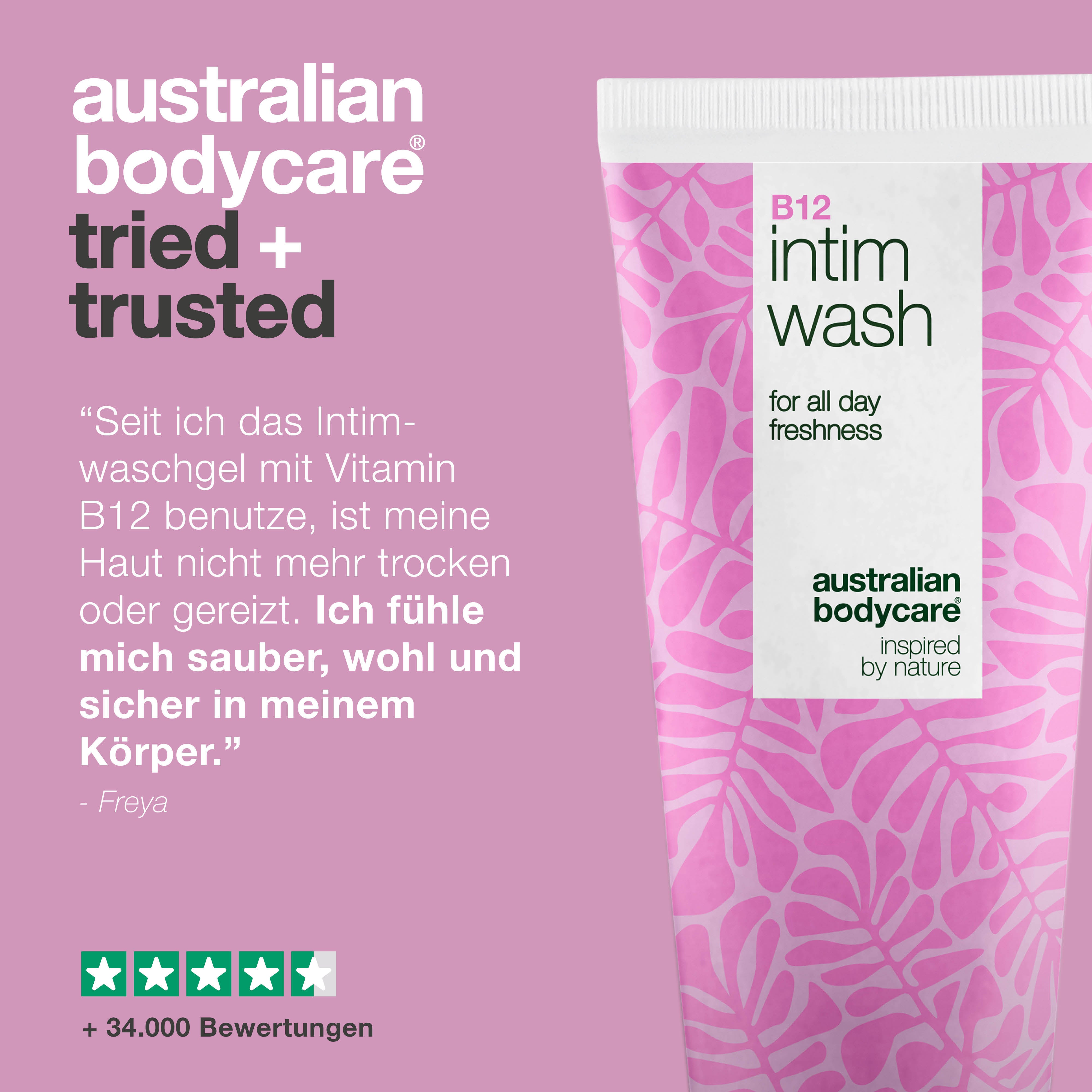 Intimwaschlotion bei Trockenheit, Reizung und Spannungsgefühl. Mit Vitamin B12, feuchtigkeitsspendendem Glycerin und pflanzlichen Reinigungsstoffen.