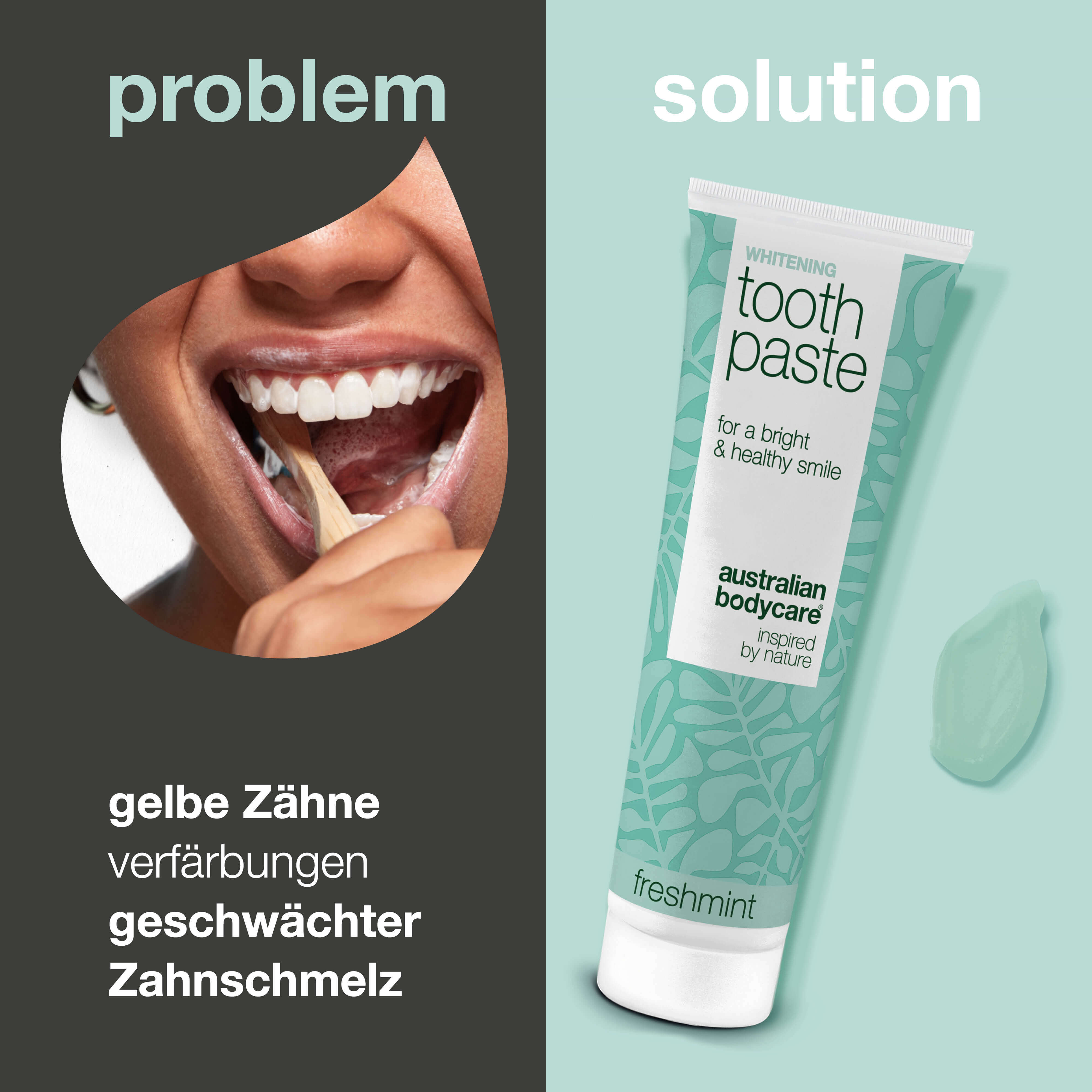 Whitening Zahnpasta – Entfernt Flecken und macht Zähne weiß — Whitening Zahnpasta, die gelbe Zähne bekämpft und den Zahnschmelz stärkt. Mit hydratisierter Kieselsäure, Alumina und Menthol für frischen Atem.