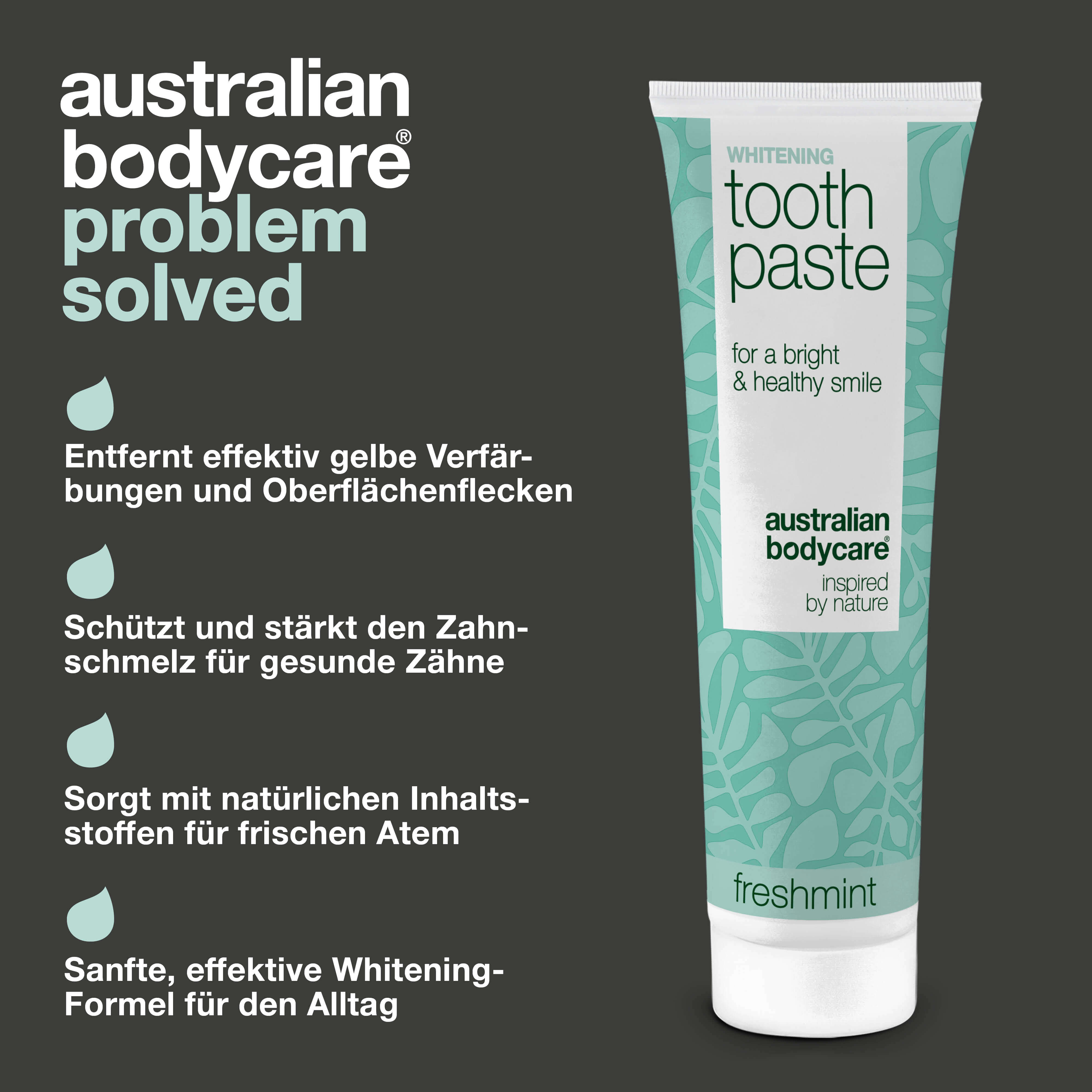 Whitening Zahnpasta – Entfernt Flecken und macht Zähne weiß — Whitening Zahnpasta, die gelbe Zähne bekämpft und den Zahnschmelz stärkt. Mit hydratisierter Kieselsäure, Alumina und Menthol für frischen Atem.