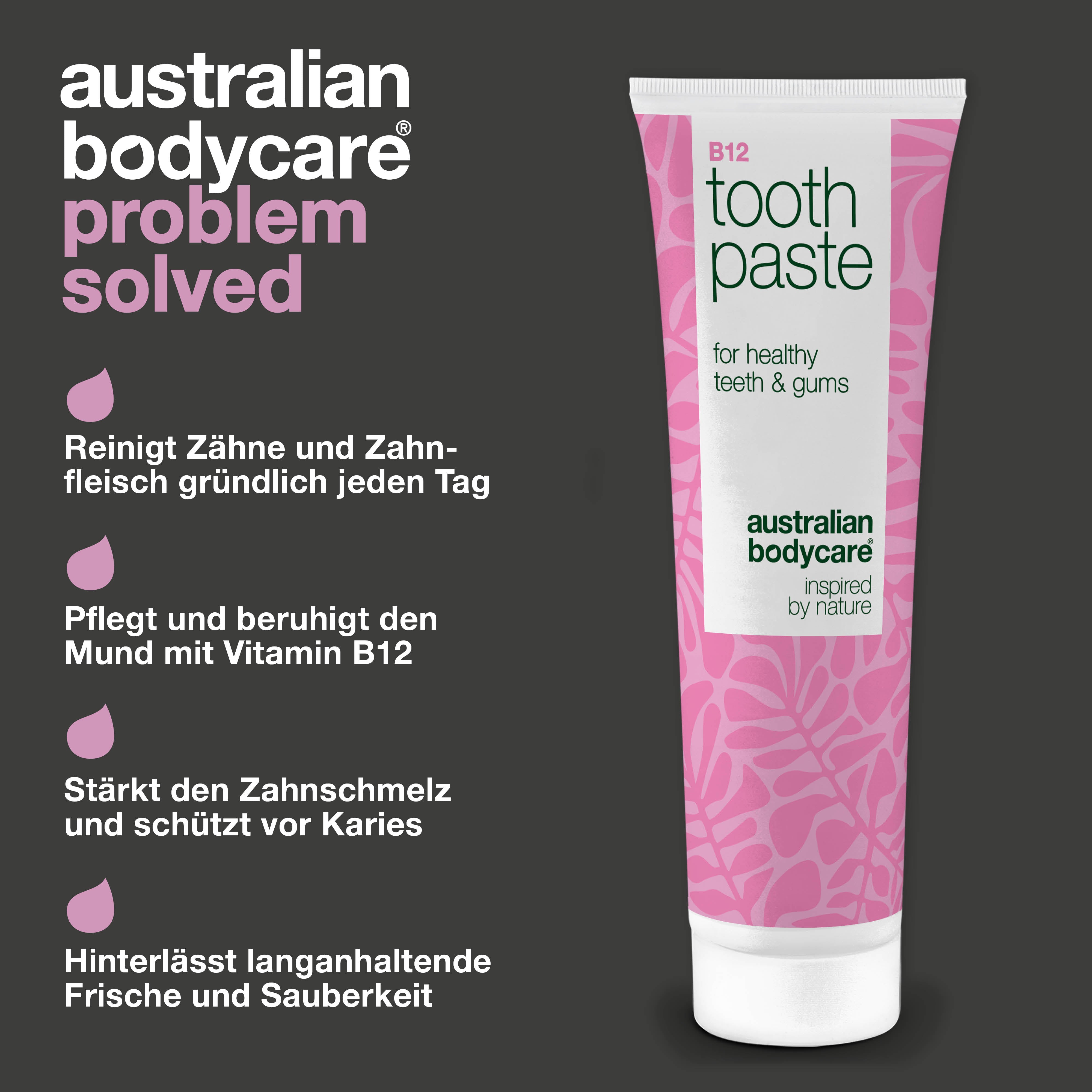 Vitamin B12 Zahnpasta lindert Trockenheit, stärkt Zähne und erfrischt Atem. Mit B12, Fluorid, Zink, Zitronenschalenöl und Pfefferminz für tägliche Pflege.