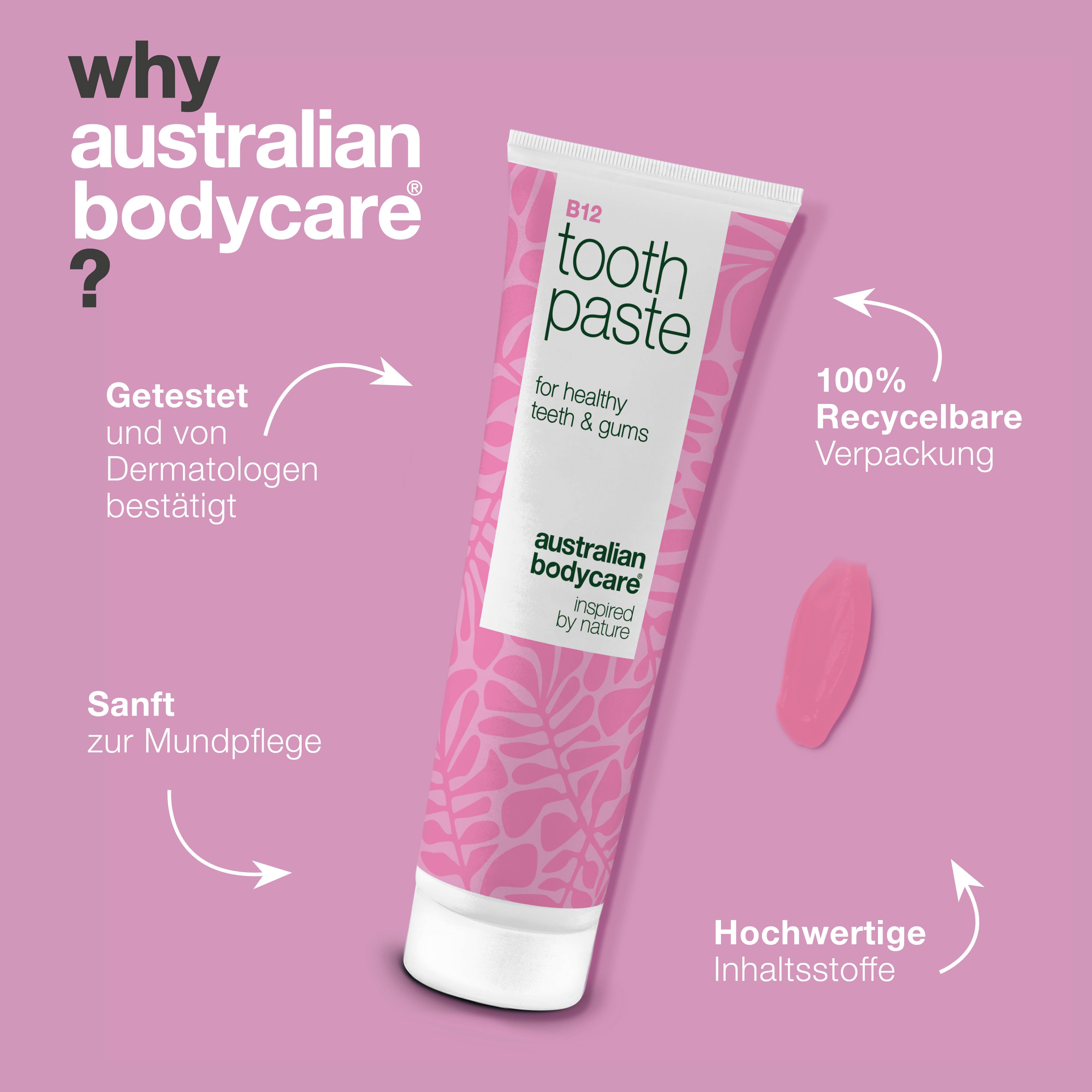 Vitamin B12 Zahnpasta lindert Trockenheit, stärkt Zähne und erfrischt Atem. Mit B12, Fluorid, Zink, Zitronenschalenöl und Pfefferminz für tägliche Pflege.