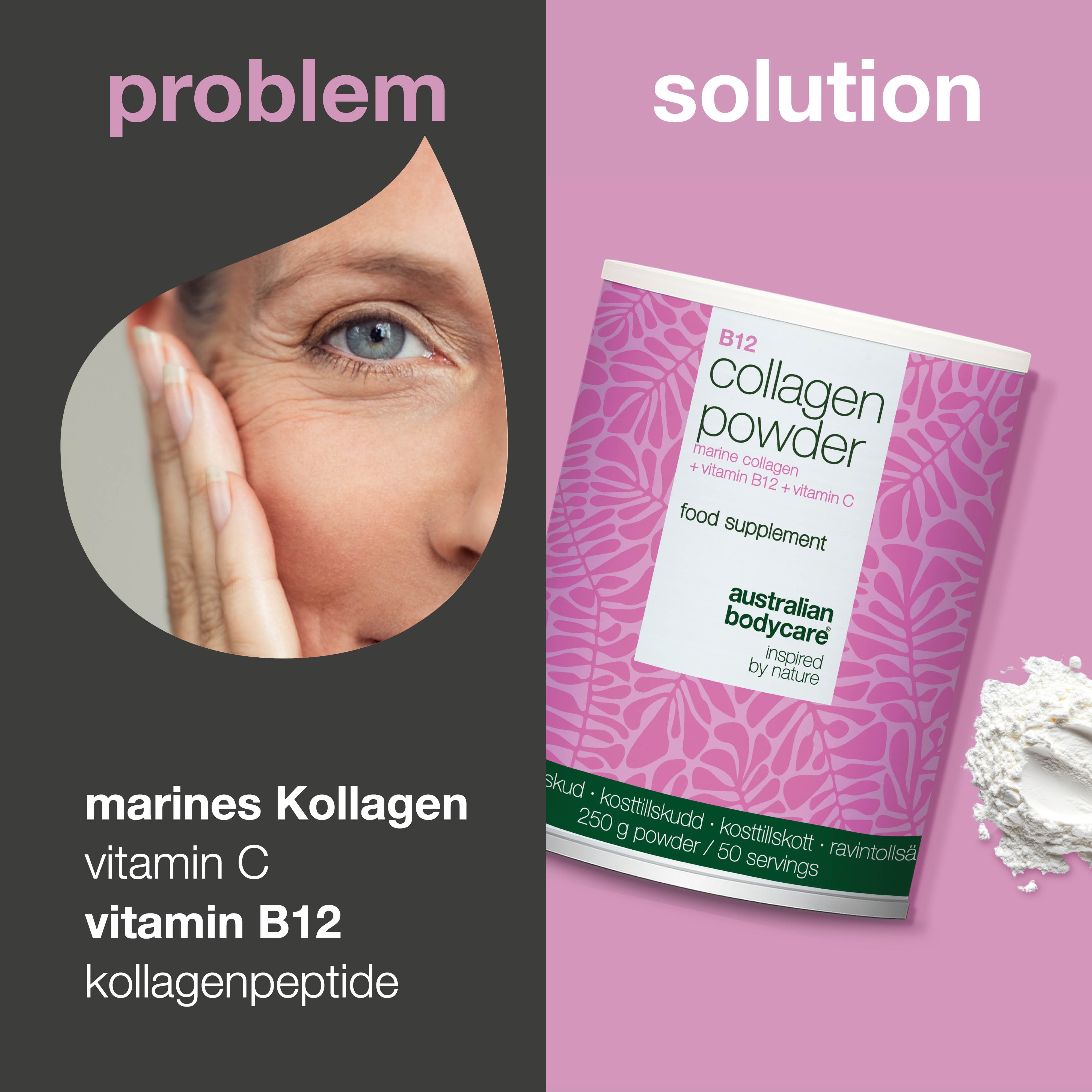 Kollagen pulver zur täglichen Ergänzung in Getränken oder Speisen. Einfach anzuwenden. Mit marinem Kollagen, Vitamin C und Vitamin B12.