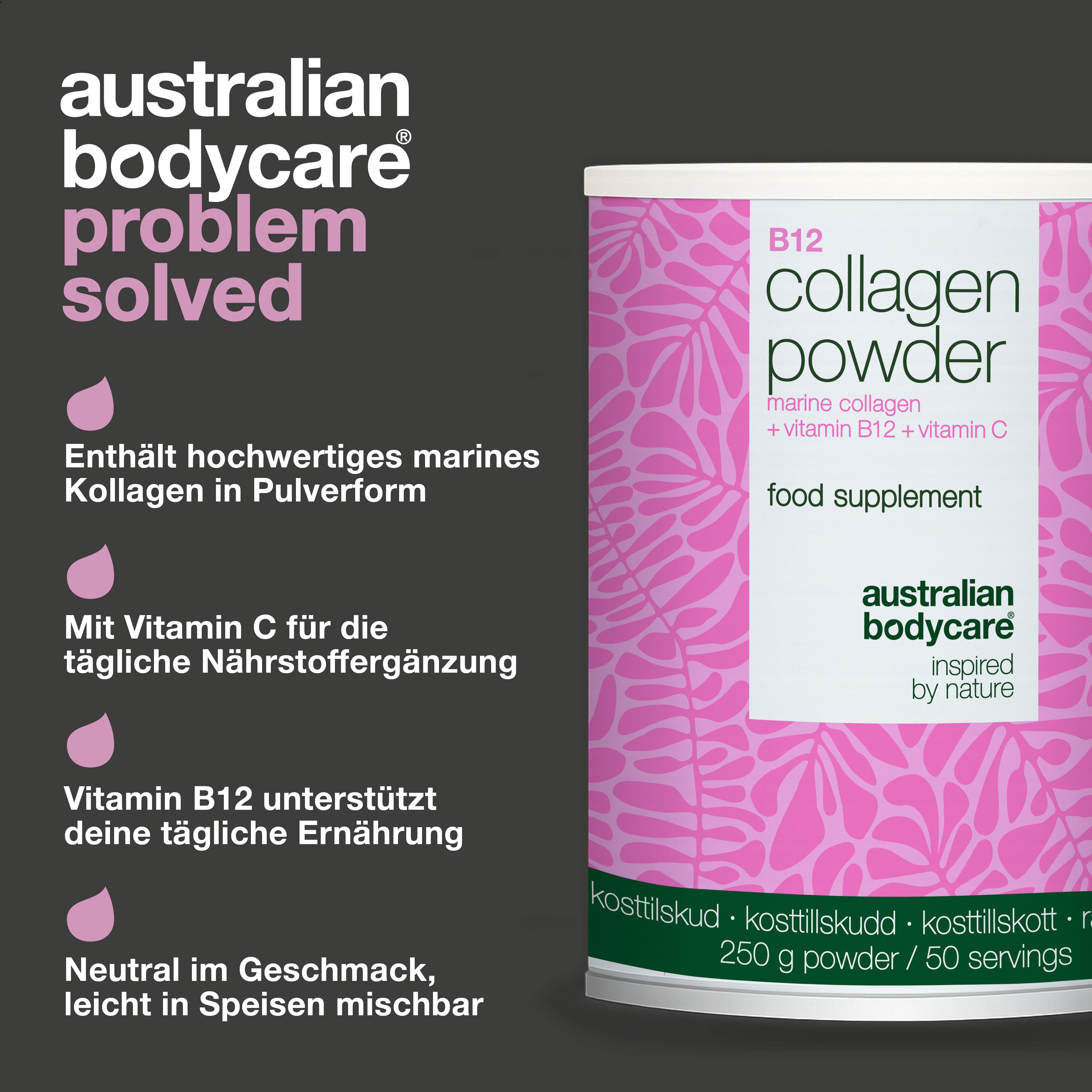 Kollagen pulver zur täglichen Ergänzung in Getränken oder Speisen. Einfach anzuwenden. Mit marinem Kollagen, Vitamin C und Vitamin B12.