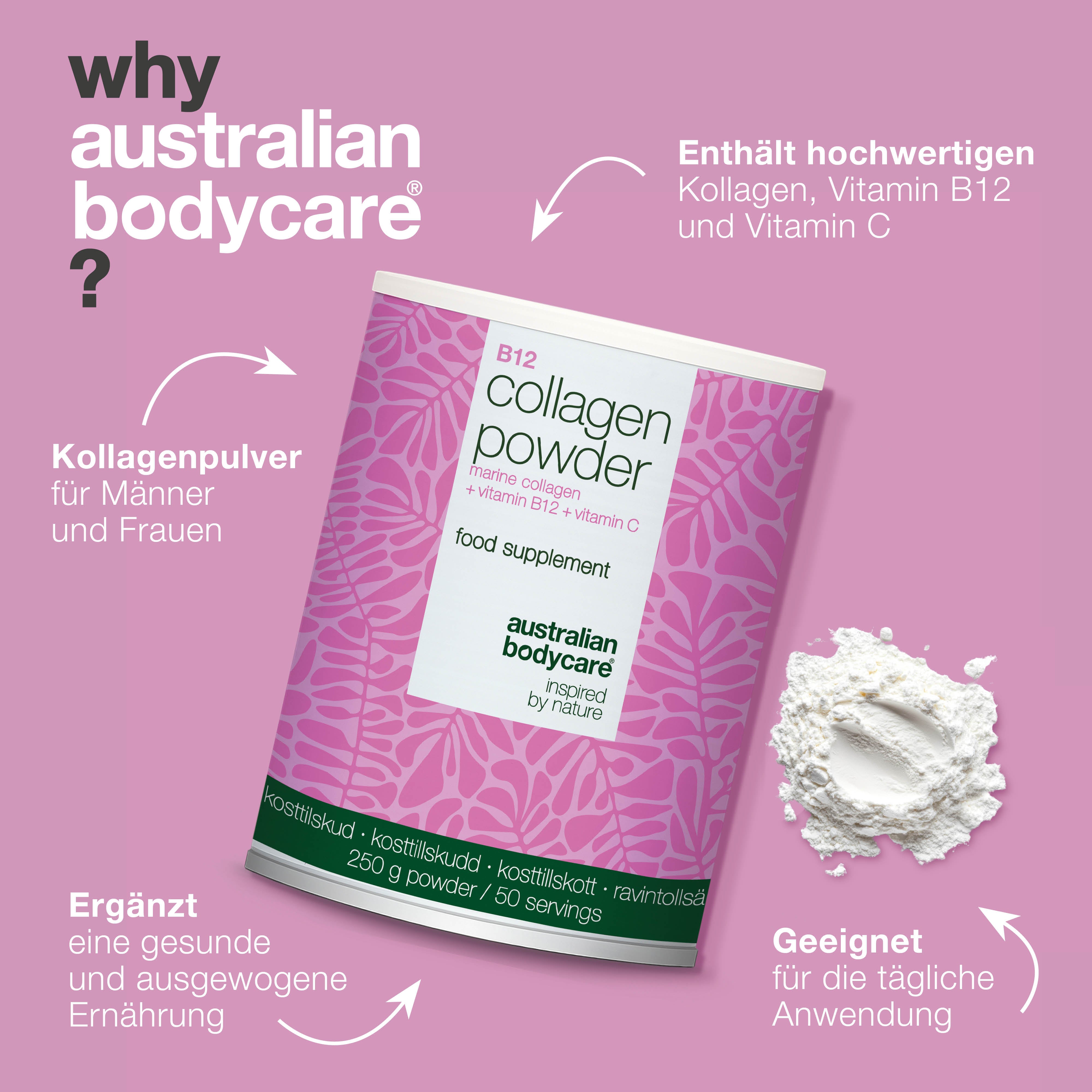 Kollagen pulver zur täglichen Ergänzung in Getränken oder Speisen. Einfach anzuwenden. Mit marinem Kollagen, Vitamin C und Vitamin B12.