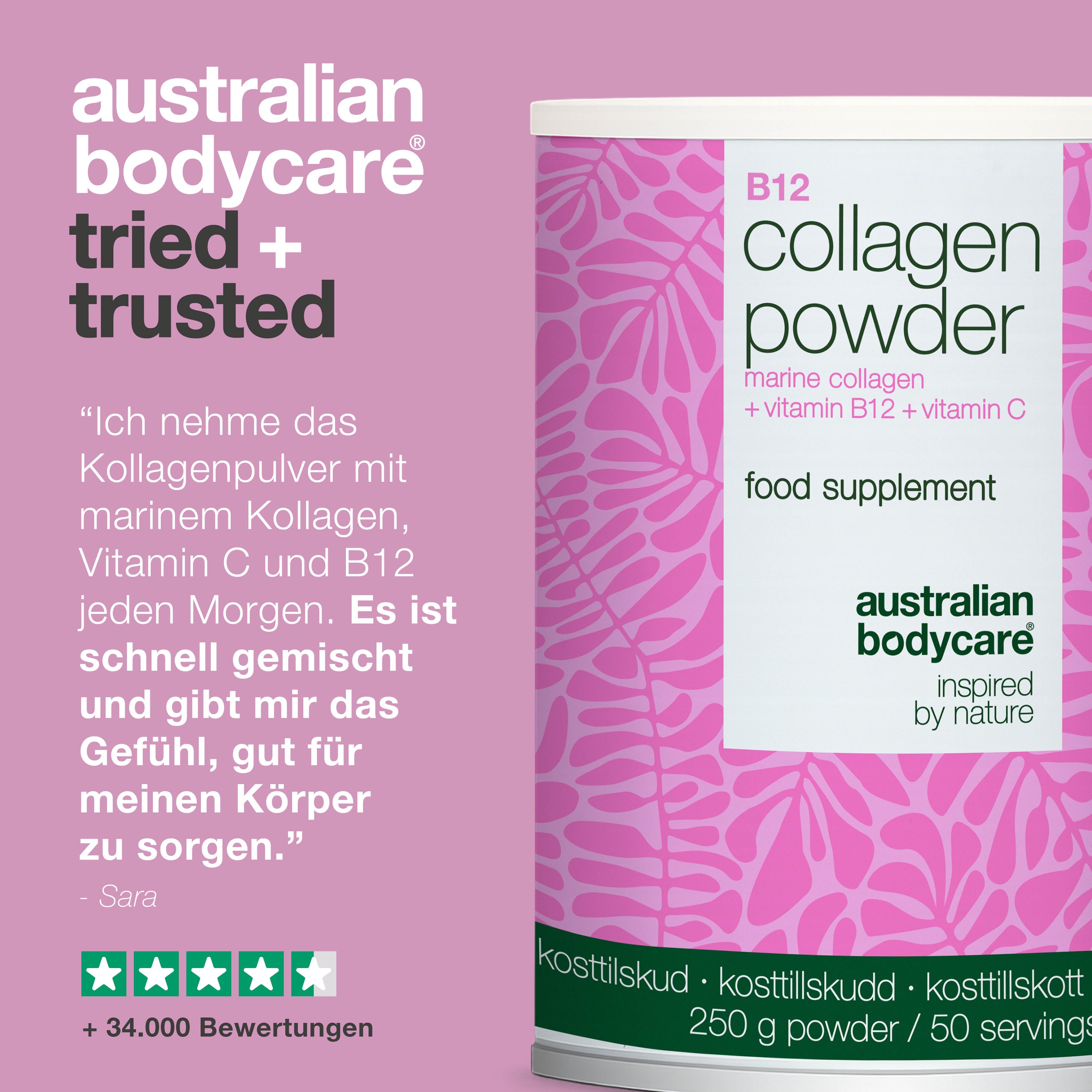 Kollagen pulver zur täglichen Ergänzung in Getränken oder Speisen. Einfach anzuwenden. Mit marinem Kollagen, Vitamin C und Vitamin B12.
