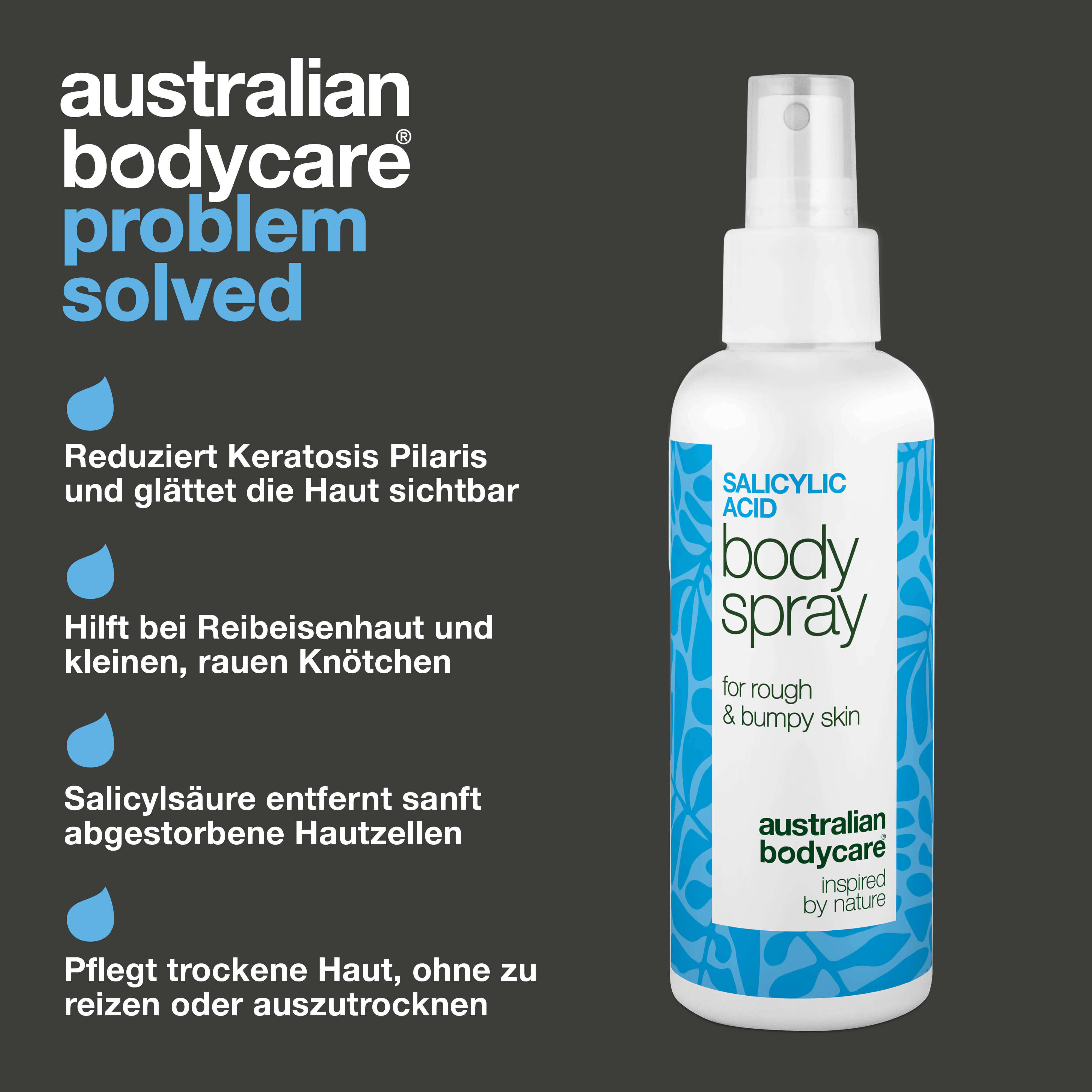 Spray bei Keratosis Pilaris und Reibeisenhaut an Armen und Beinen — Keratosis Pilaris Spray glättet raue Haut und Pickelchen. Mit Salicylsäure zur sanften, tiefenwirksamen Exfoliation.