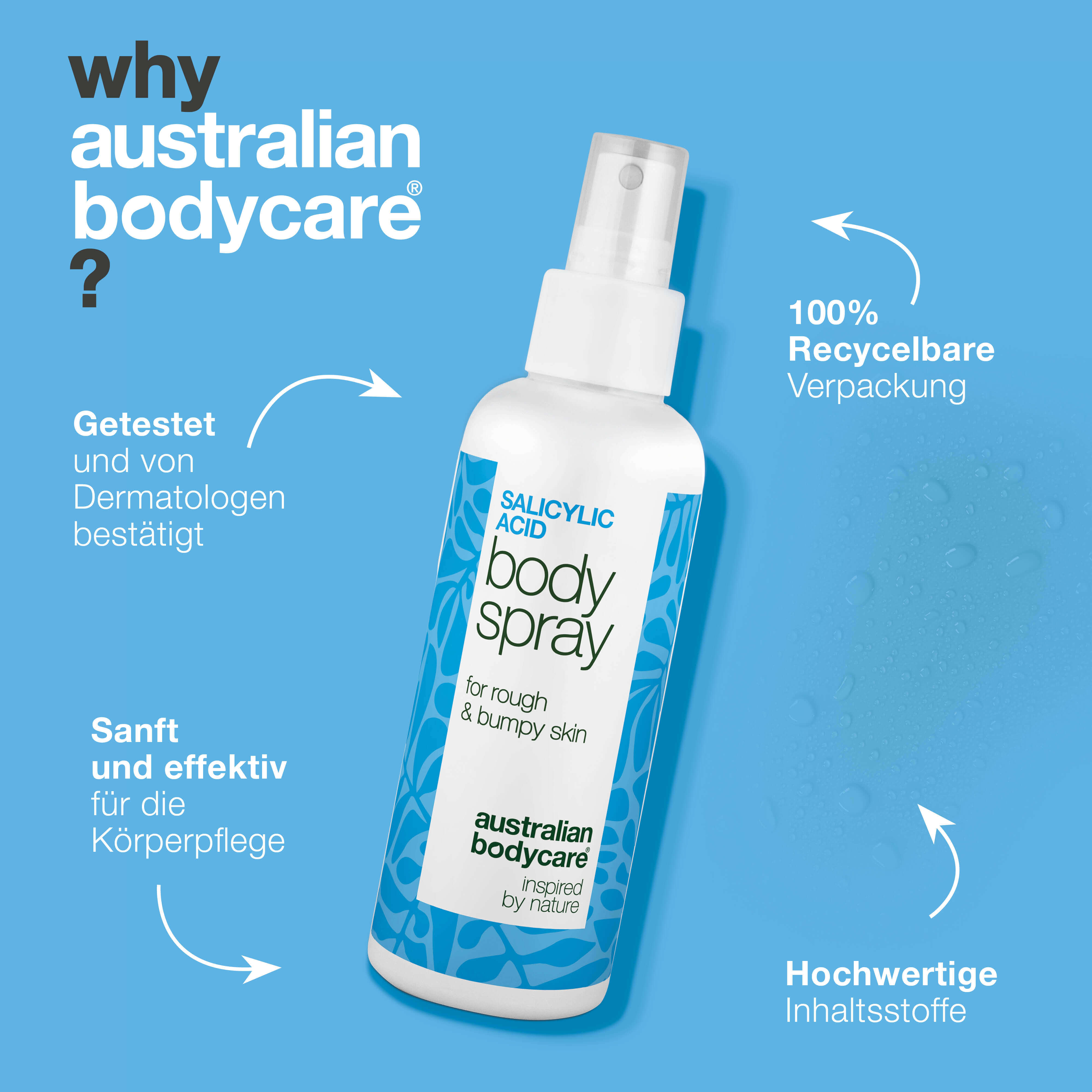 Spray bei Keratosis Pilaris und Reibeisenhaut an Armen und Beinen — Keratosis Pilaris Spray glättet raue Haut und Pickelchen. Mit Salicylsäure zur sanften, tiefenwirksamen Exfoliation.
