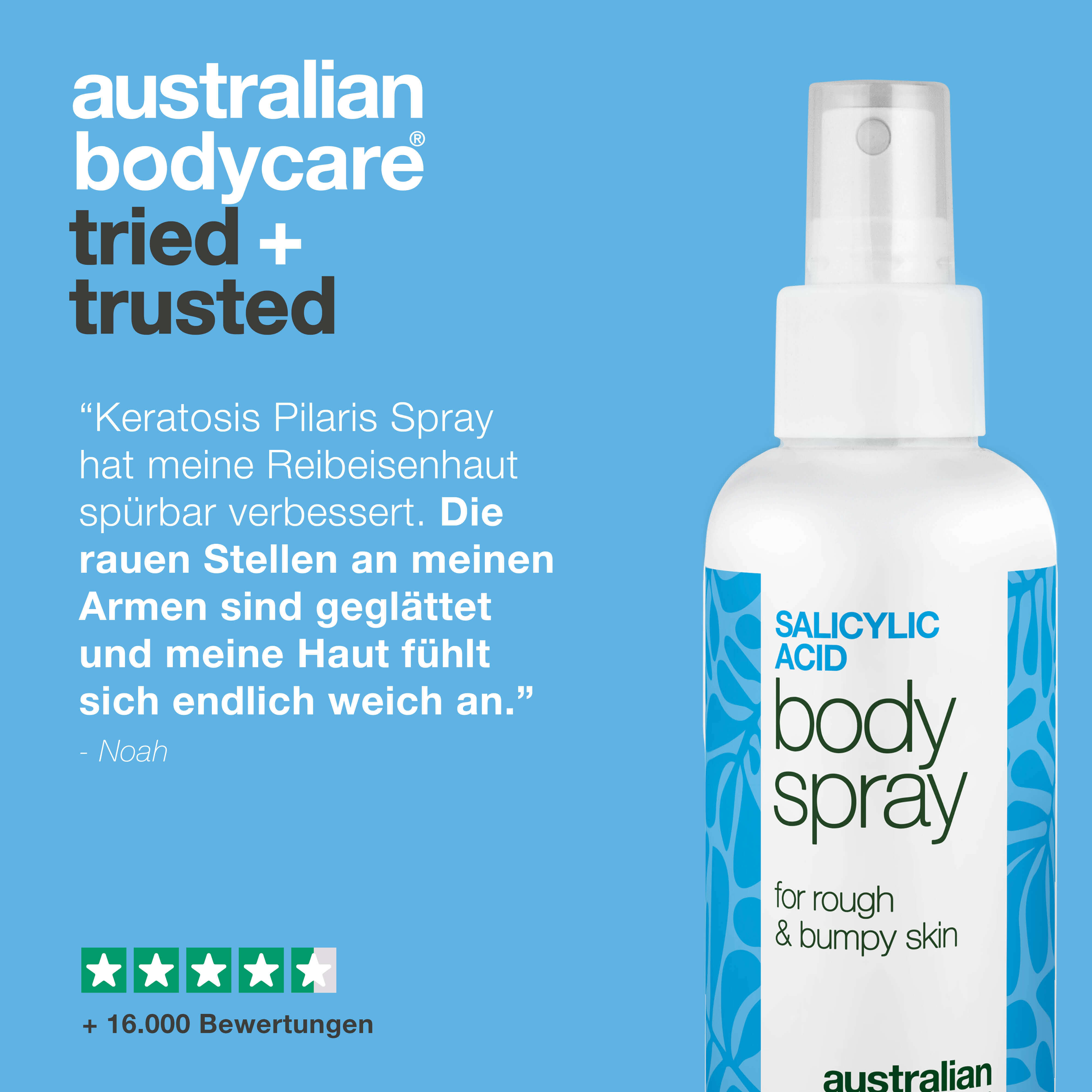 Spray bei Keratosis Pilaris und Reibeisenhaut an Armen und Beinen — Keratosis Pilaris Spray glättet raue Haut und Pickelchen. Mit Salicylsäure zur sanften, tiefenwirksamen Exfoliation.