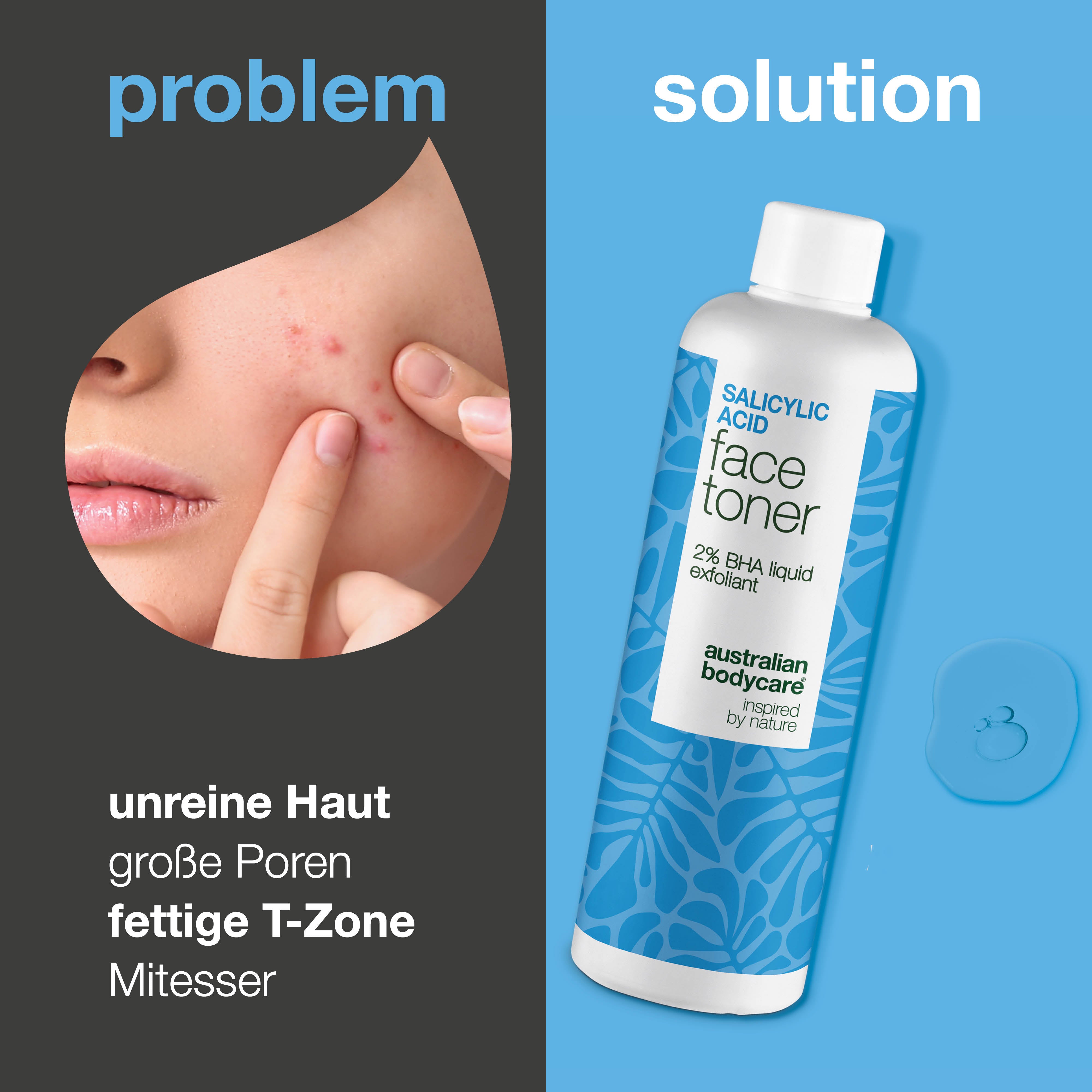 Salicylic Acid toner verfeinert Poren, reduziert Unreinheiten und reguliert Talg. Ideal für fettige Haut. Enthält Salicylic Acid von Australian Bodycare.
