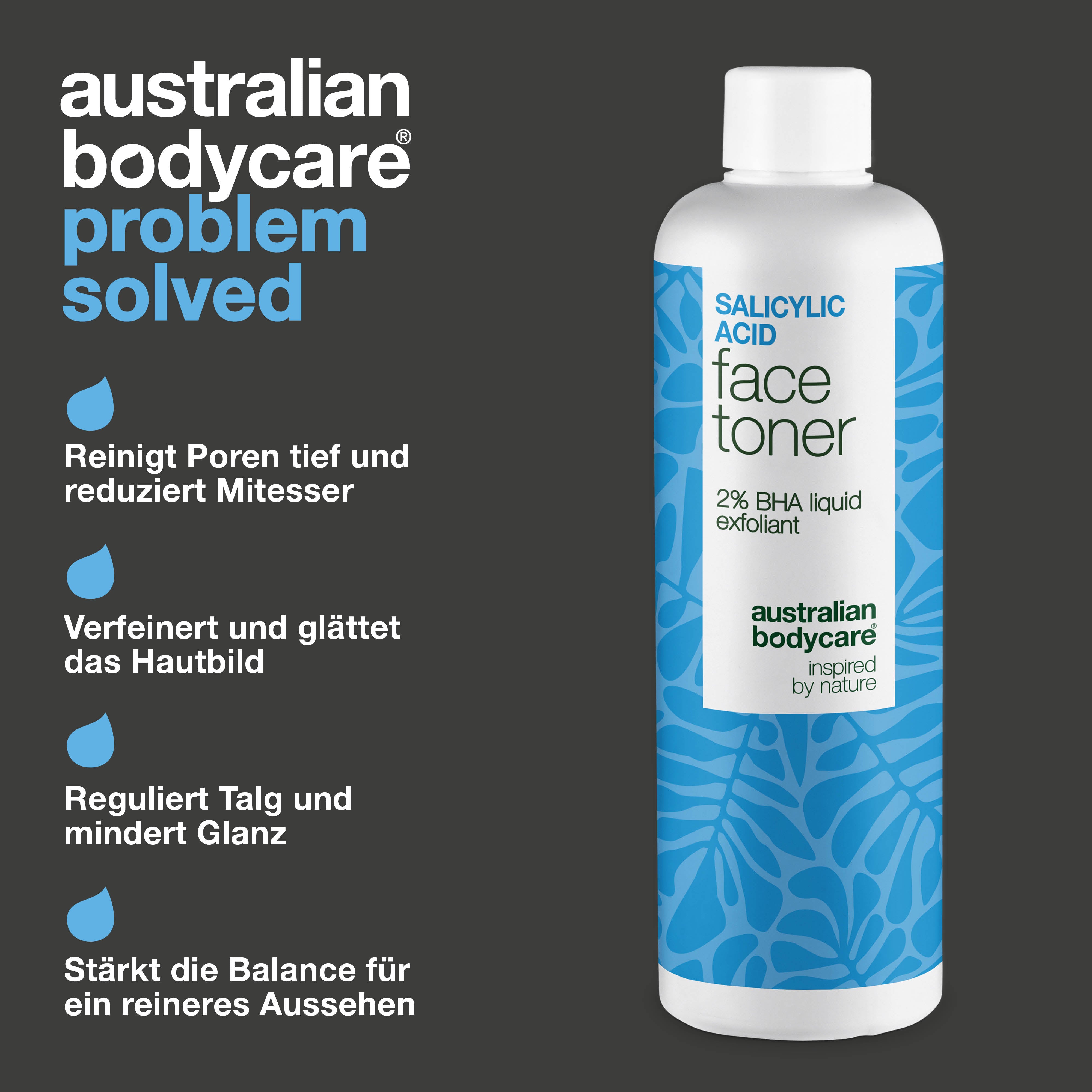 Salicylic Acid toner verfeinert Poren, reduziert Unreinheiten und reguliert Talg. Ideal für fettige Haut. Enthält Salicylic Acid von Australian Bodycare.