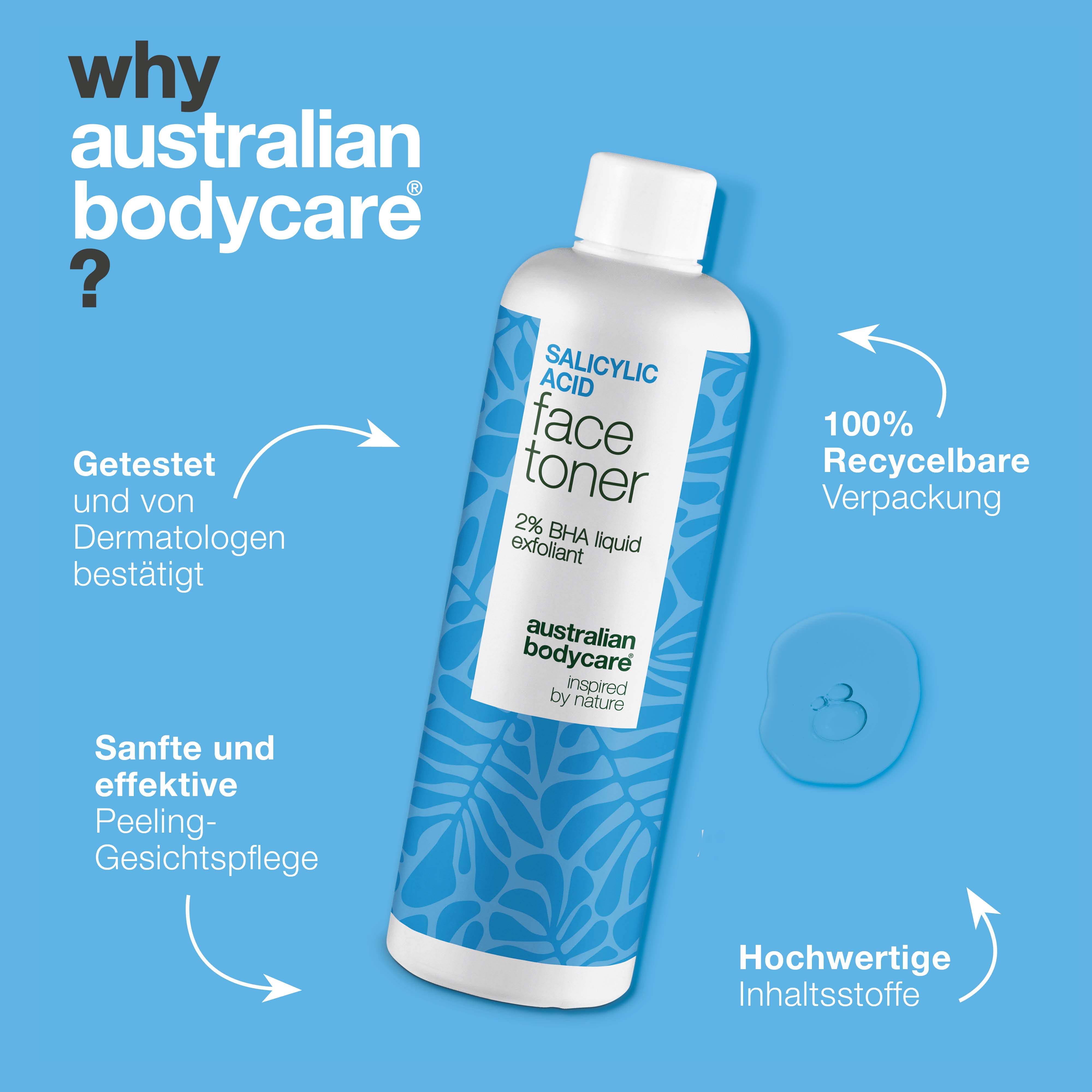 Salicylic Acid toner verfeinert Poren, reduziert Unreinheiten und reguliert Talg. Ideal für fettige Haut. Enthält Salicylic Acid von Australian Bodycare.
