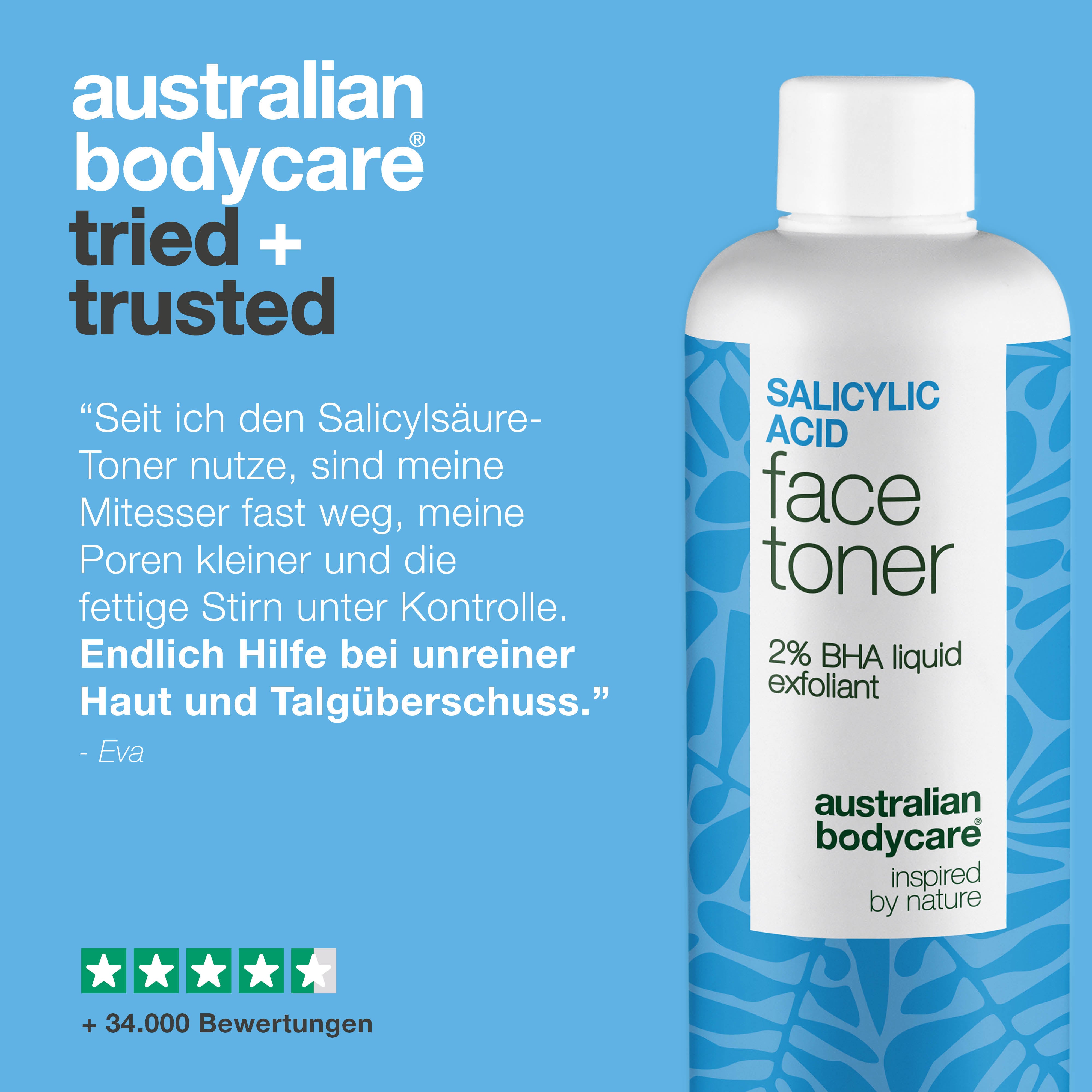 Salicylic Acid toner verfeinert Poren, reduziert Unreinheiten und reguliert Talg. Ideal für fettige Haut. Enthält Salicylic Acid von Australian Bodycare.