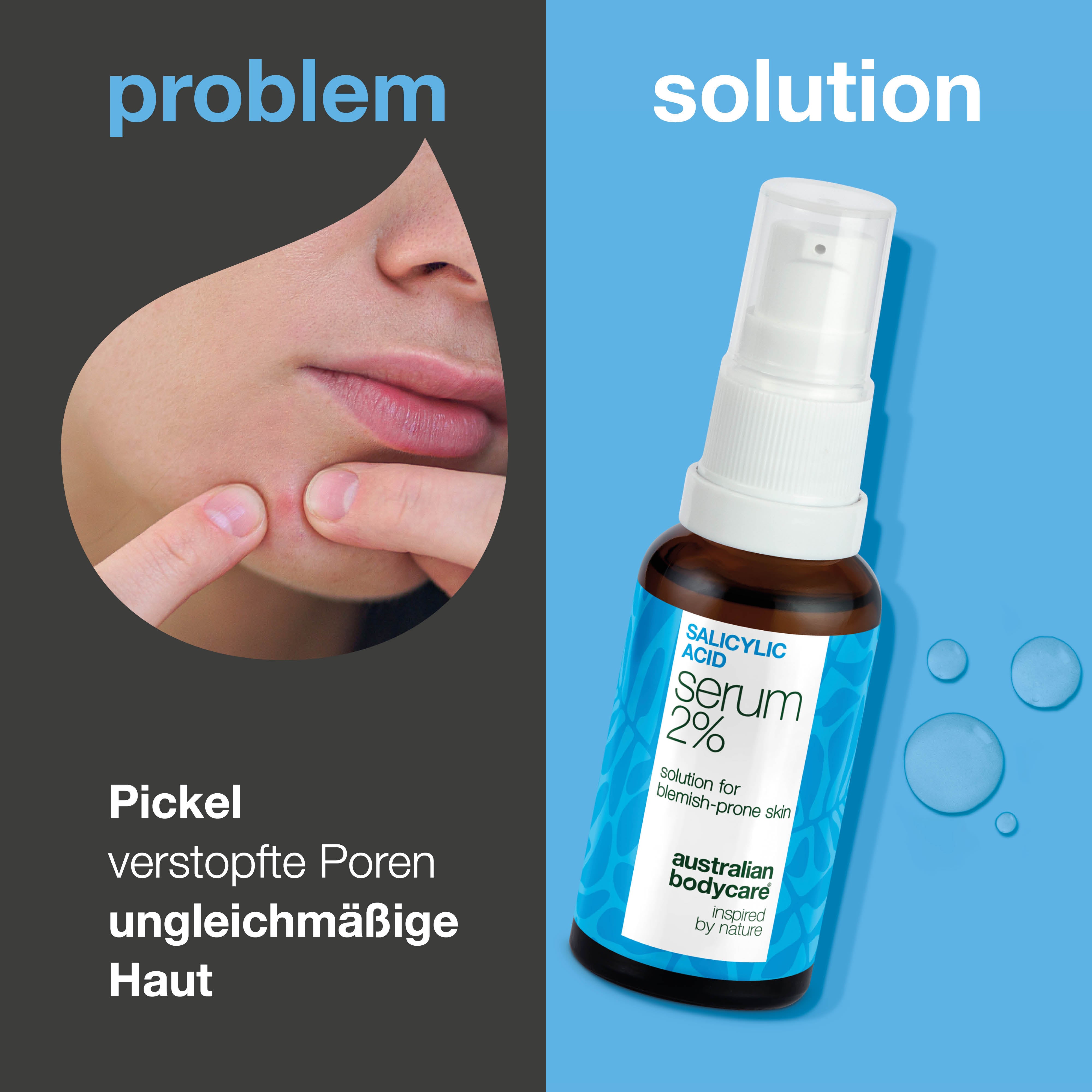 Salicylsäure 2 % Serum für verstopfte Poren, ölige Haut und Unreinheiten. Mit Zinc PCA, grüntee-extrakt, Hyaluronsäure und feuchtigkeitsspendendem Glycerin.