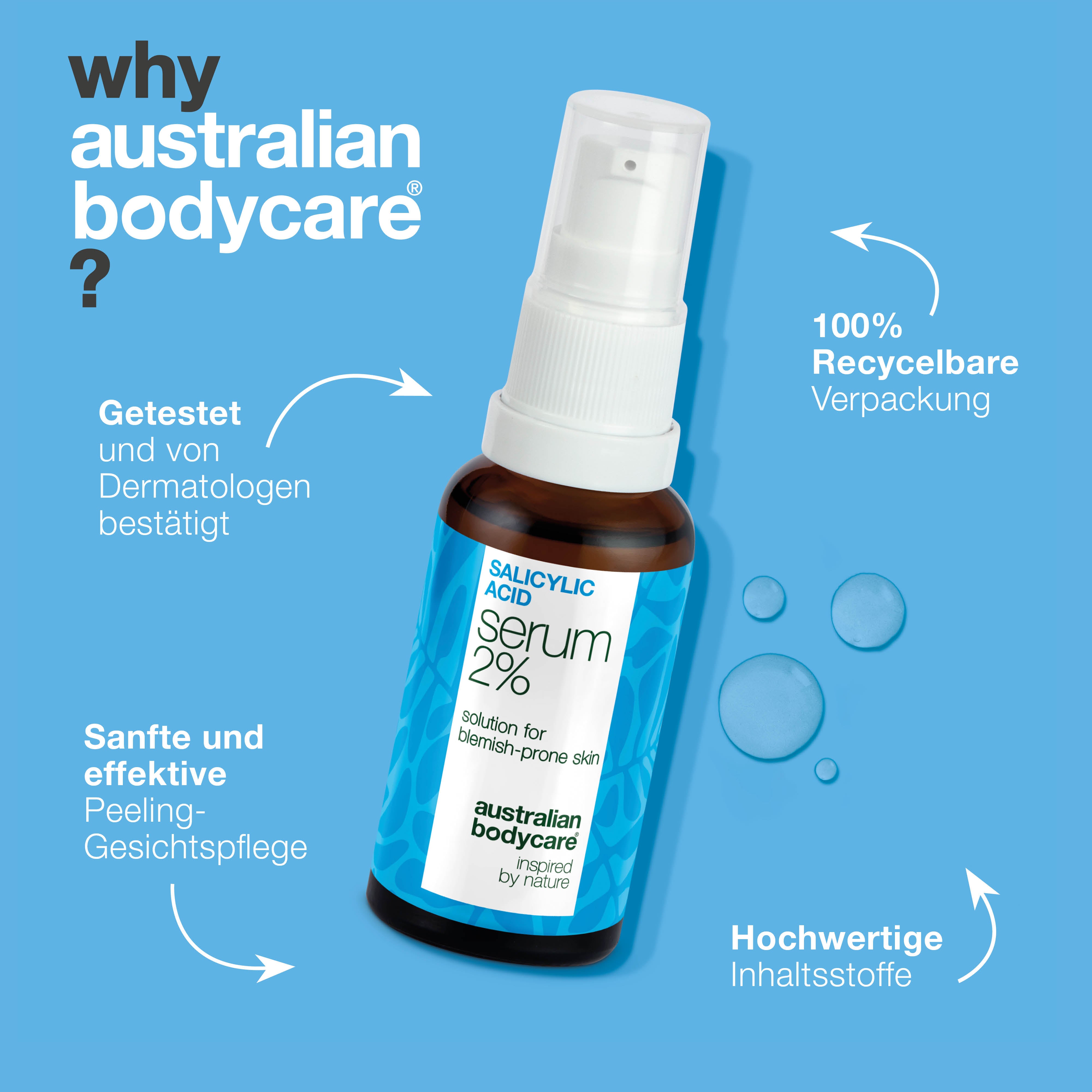 Salicylsäure 2 % Serum für verstopfte Poren, ölige Haut und Unreinheiten. Mit Zinc PCA, grüntee-extrakt, Hyaluronsäure und feuchtigkeitsspendendem Glycerin.