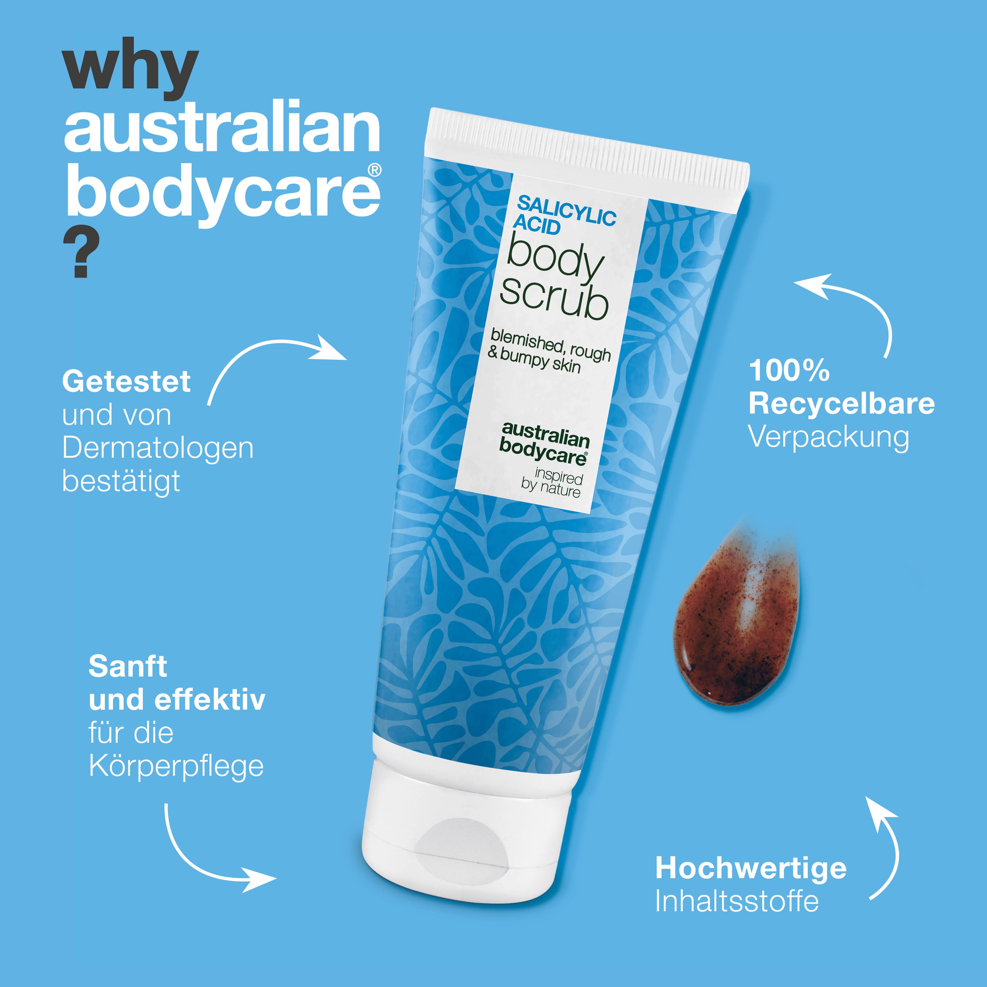 Body Scrub mit Salicylsäure gegen Pickel und verstopfte Poren — Body Scrub mit Salicylsäure reinigt Poren und entfernt Pickel. Mit Salicylsäure, Glykolsäure, Aprikosenkernpulver und Allantoin.