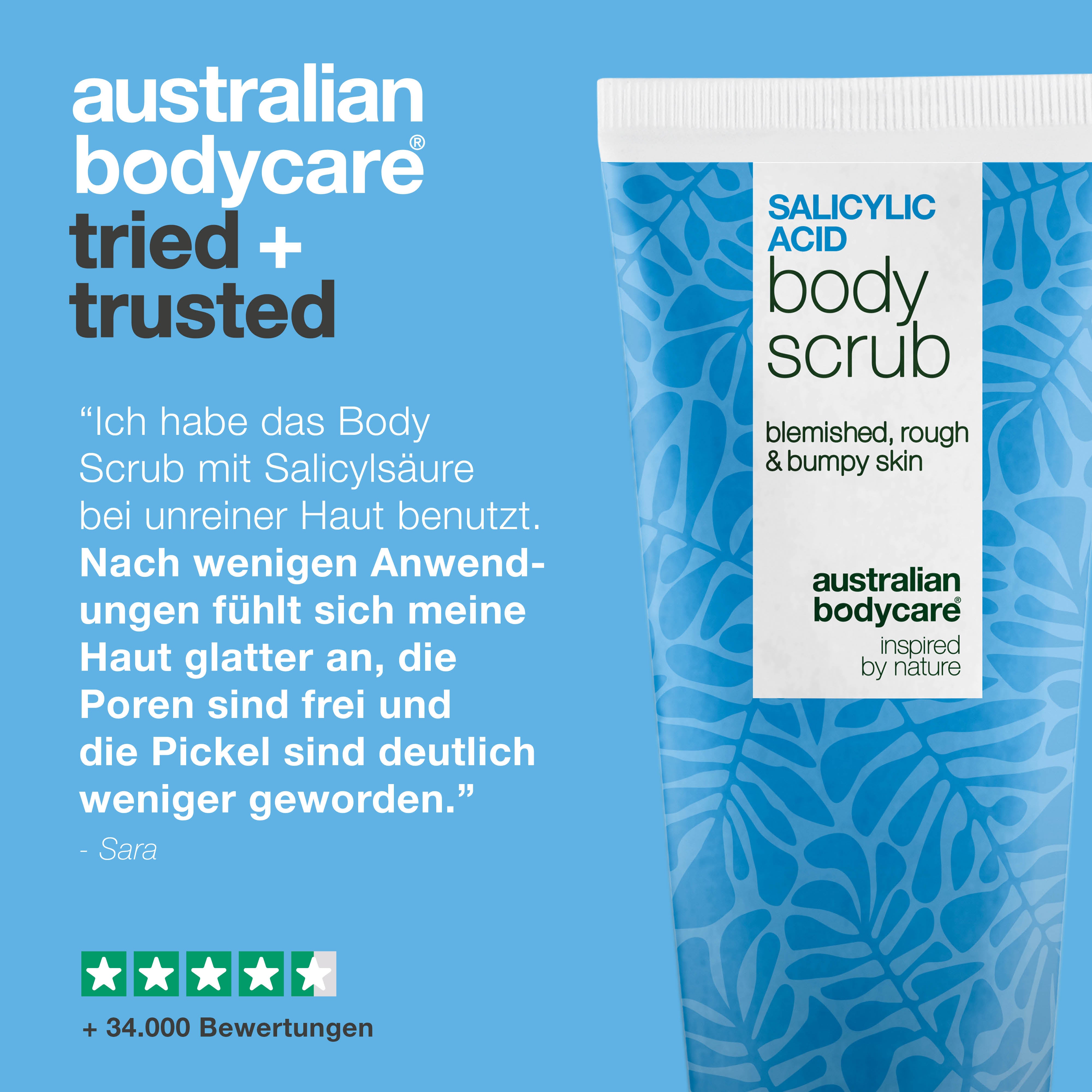 Body Scrub mit Salicylsäure gegen Pickel und verstopfte Poren — Body Scrub mit Salicylsäure reinigt Poren und entfernt Pickel. Mit Salicylsäure, Glykolsäure, Aprikosenkernpulver und Allantoin.