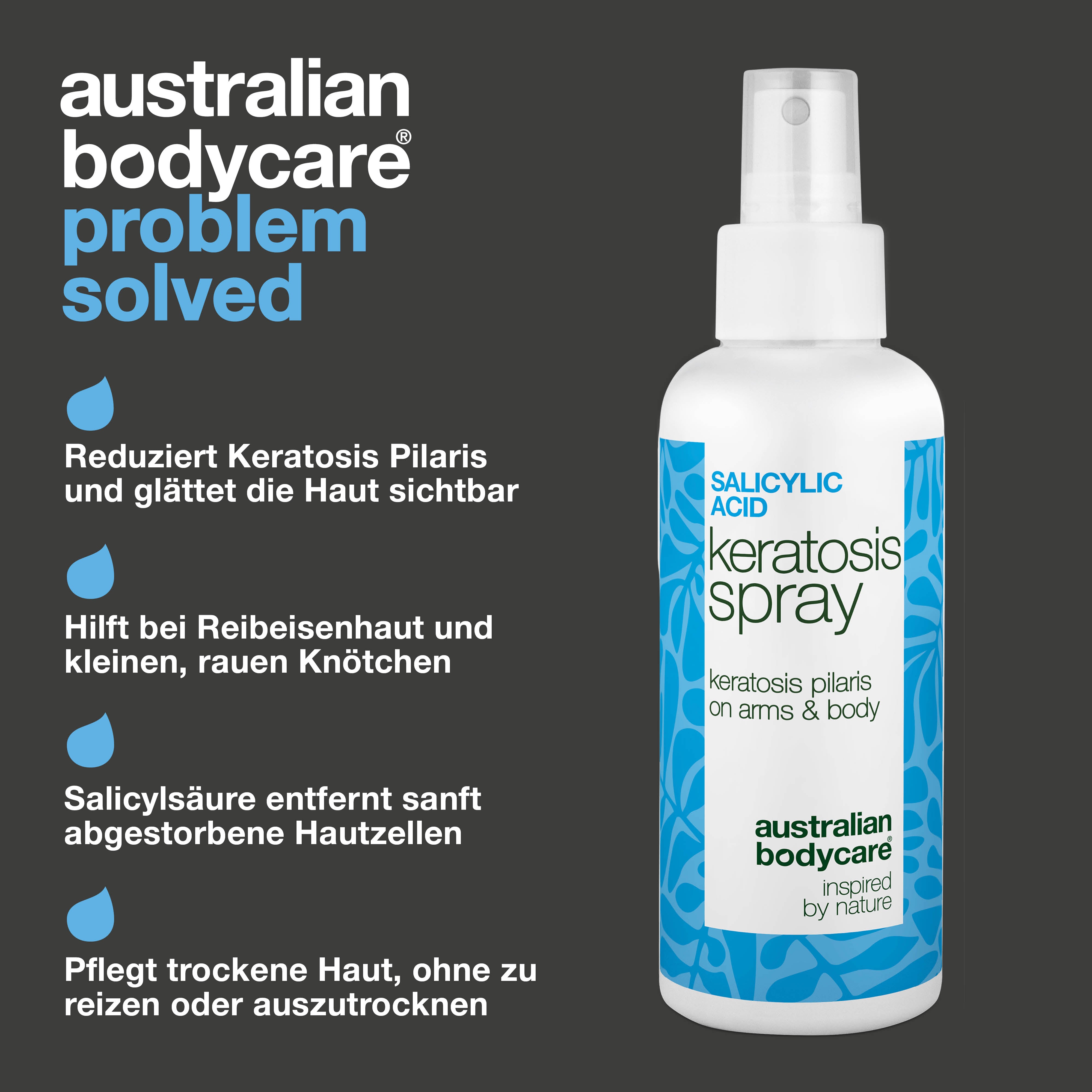 Spray bei Keratosis Pilaris und Reibeisenhaut an Armen und Beinen — Keratosis Pilaris Spray glättet raue Haut und Pickelchen. Mit Salicylsäure zur sanften, tiefenwirksamen Exfoliation.