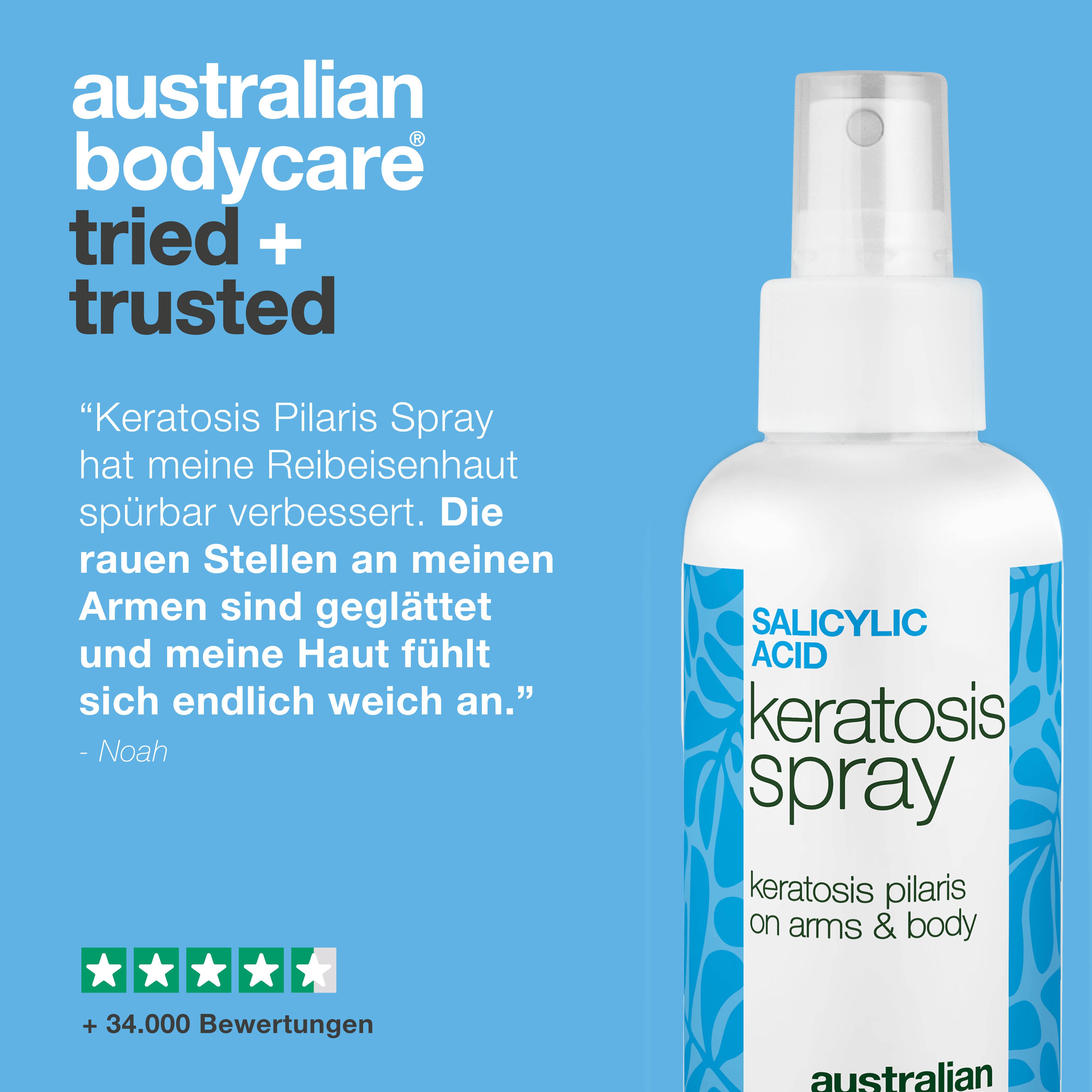 Spray bei Keratosis Pilaris und Reibeisenhaut an Armen und Beinen — Keratosis Pilaris Spray glättet raue Haut und Pickelchen. Mit Salicylsäure zur sanften, tiefenwirksamen Exfoliation.