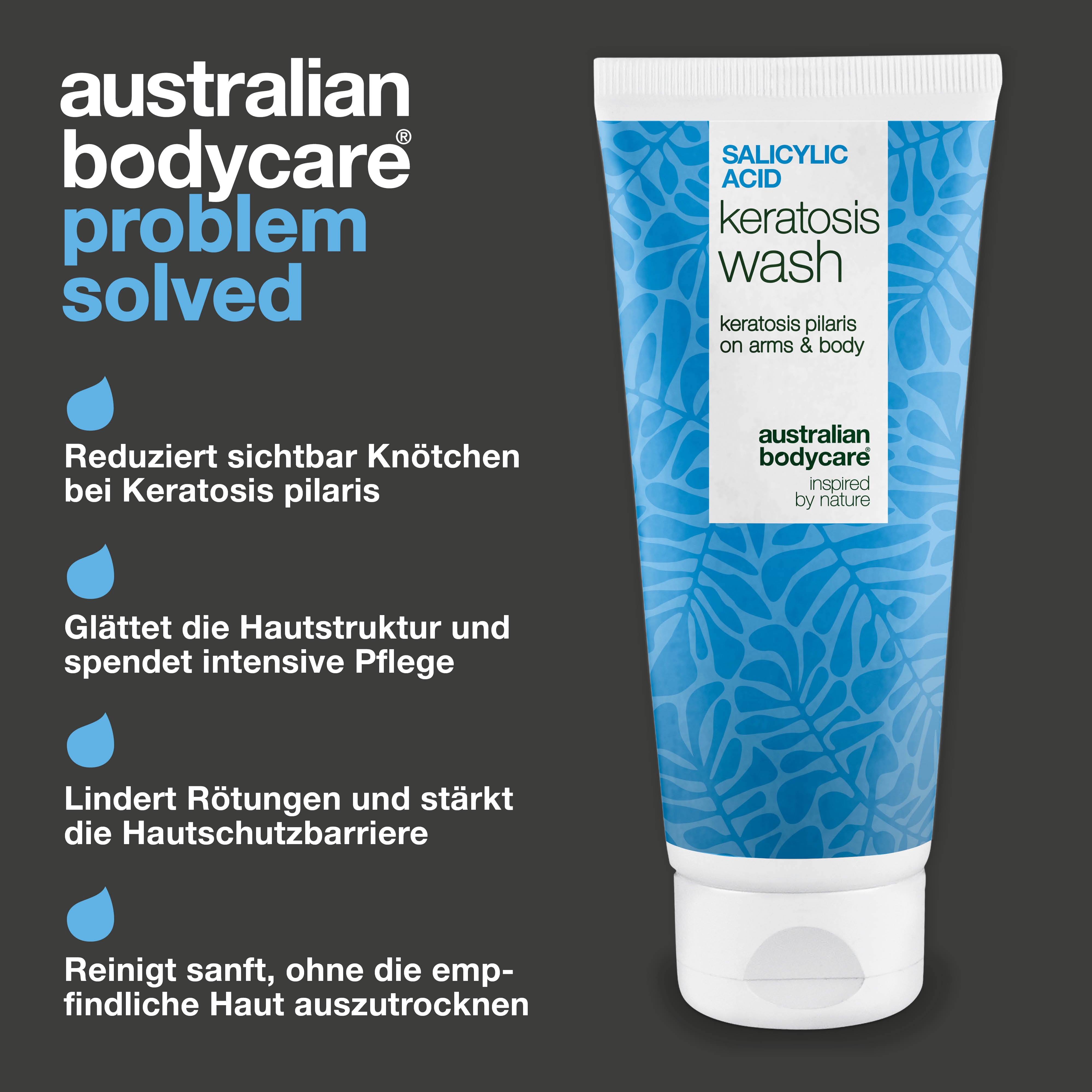 Keratosis Pilaris Body Wash gegen Keratosis Pilaris, trockene Haut und verstopfte Poren. Enthält Salicylsäure, Niacinamid, Zink PCA und Vitamin E.