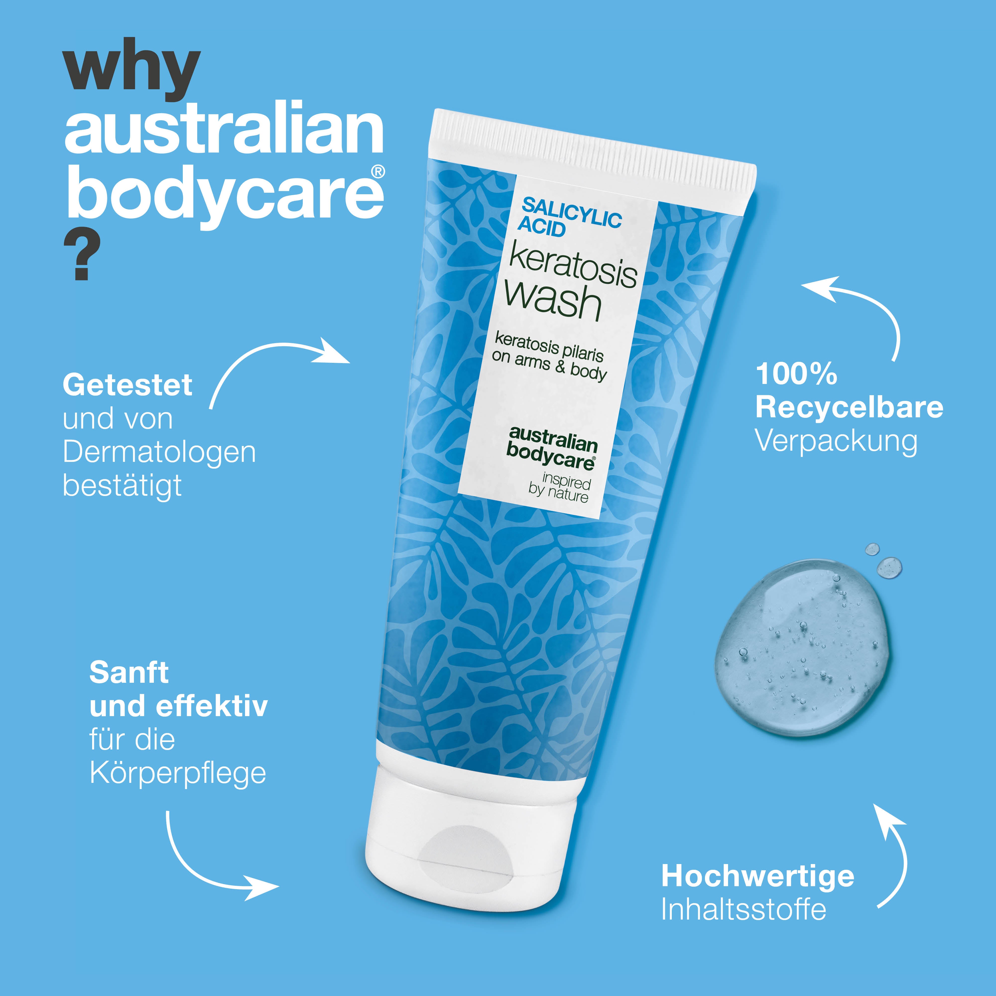 Keratosis Pilaris Body Wash gegen Keratosis Pilaris, trockene Haut und verstopfte Poren. Enthält Salicylsäure, Niacinamid, Zink PCA und Vitamin E.