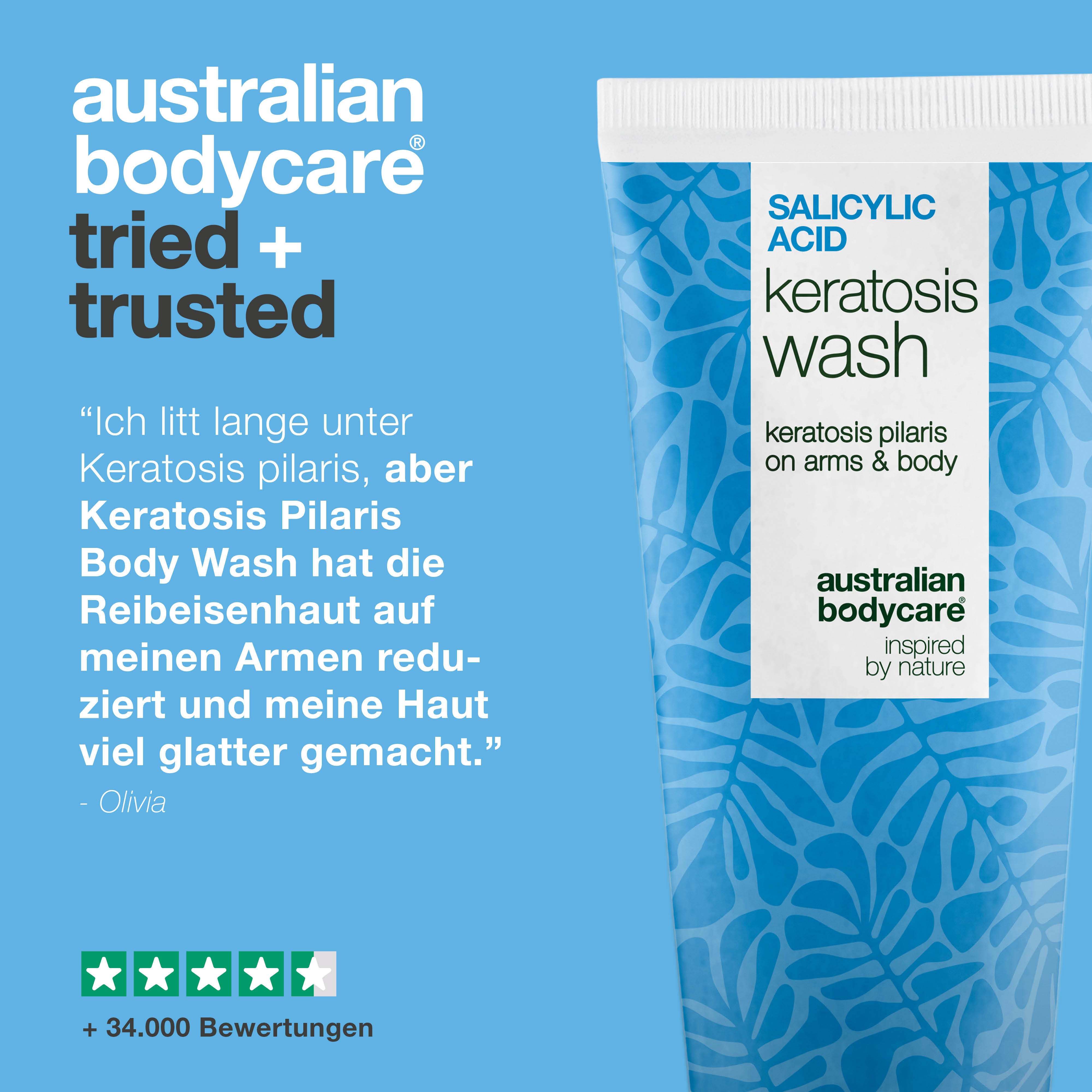 Keratosis Pilaris Body Wash gegen Keratosis Pilaris, trockene Haut und verstopfte Poren. Enthält Salicylsäure, Niacinamid, Zink PCA und Vitamin E.