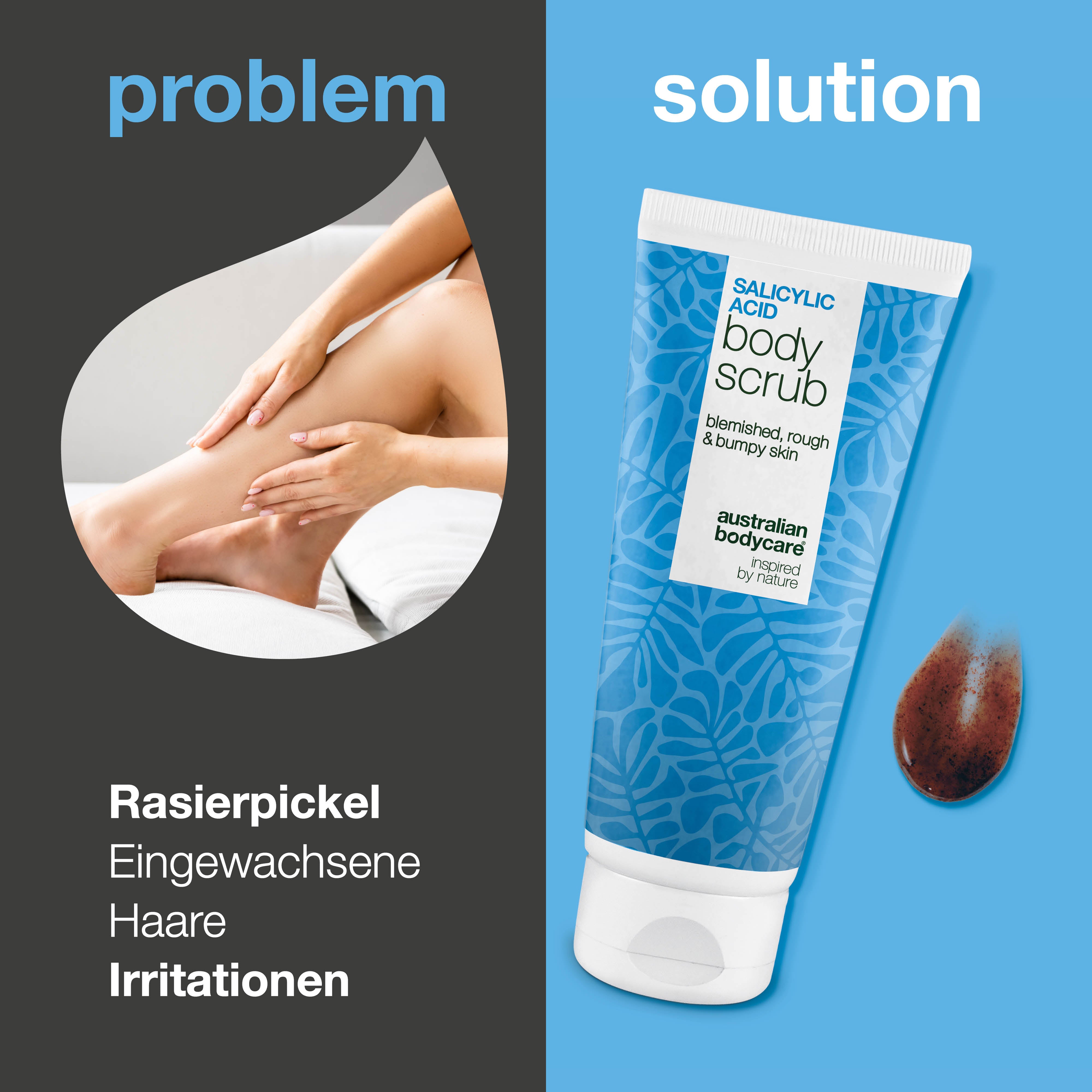 Shave Scrub für eine glatte, gepflegte Haut ohne Rasurbrand oder Pickel. Wichtige Inhaltsstoffe: Salicylsäure, Glycolsäure, Glycerin und Allantoin.